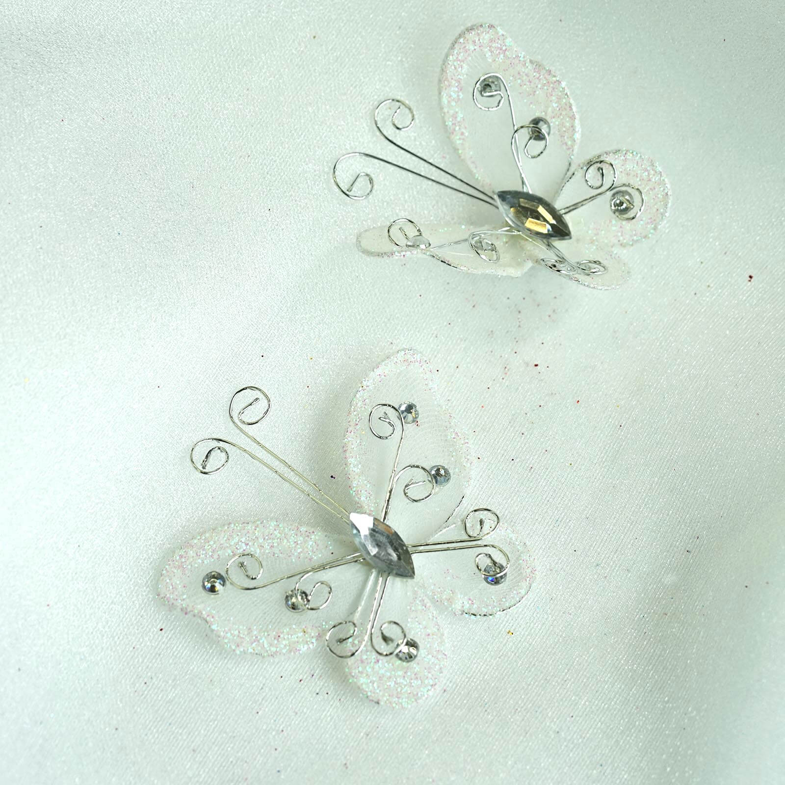 12 Pack 2 White Diamond Studded Wired Organza Butterflies