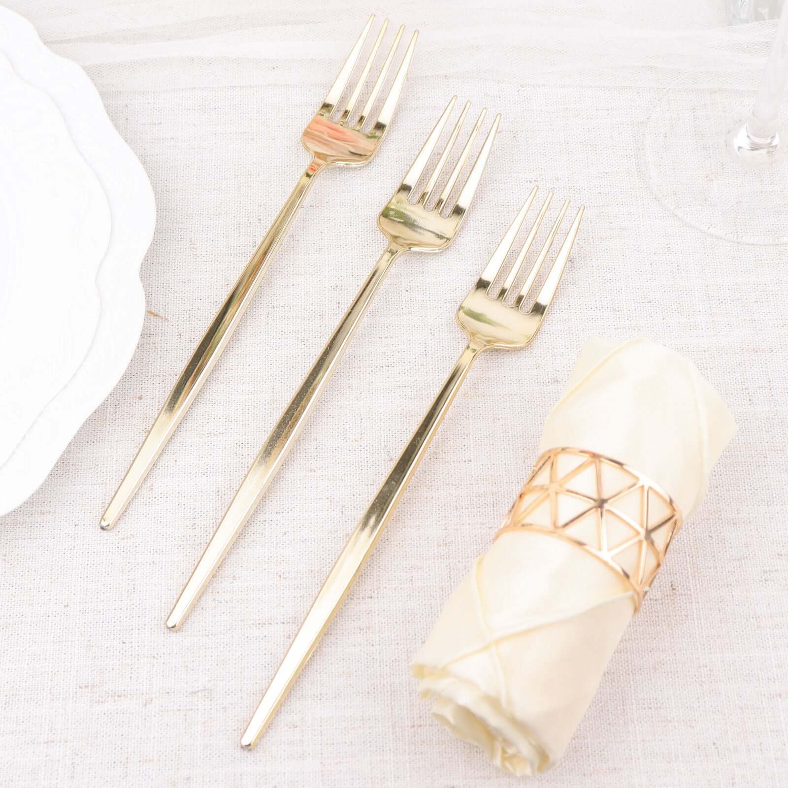 24 Pack 8 Glossy Gold Heavy Duty Plastic Silverware Forks Cutlery, Premium Disposable Sleek Flatware