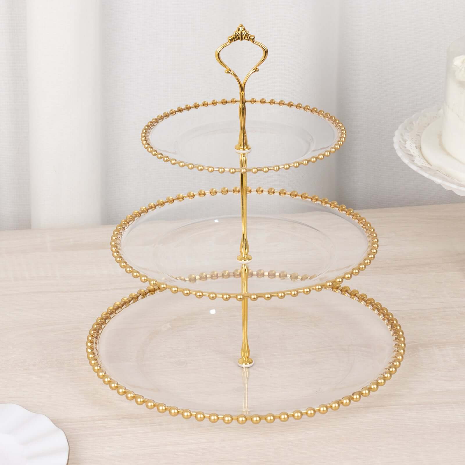 3-Tier Plastic Round Cupcake Tower Stand Clear - Versatile Dessert Display Tea Party Serving Platter with Gold Beaded Rim & Top Handle 14