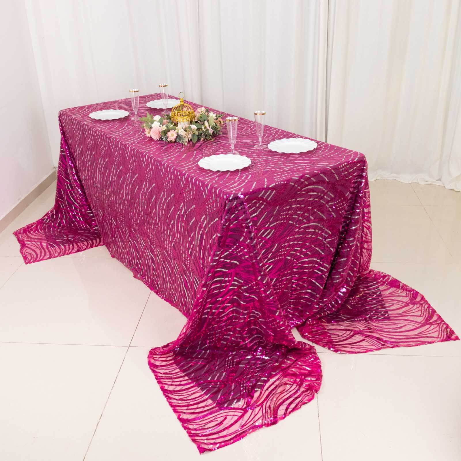 Mesh 90x156 Rectangle Tablecloth Fuchsia/Silver - Wave Sequin Embroidered Table Cover