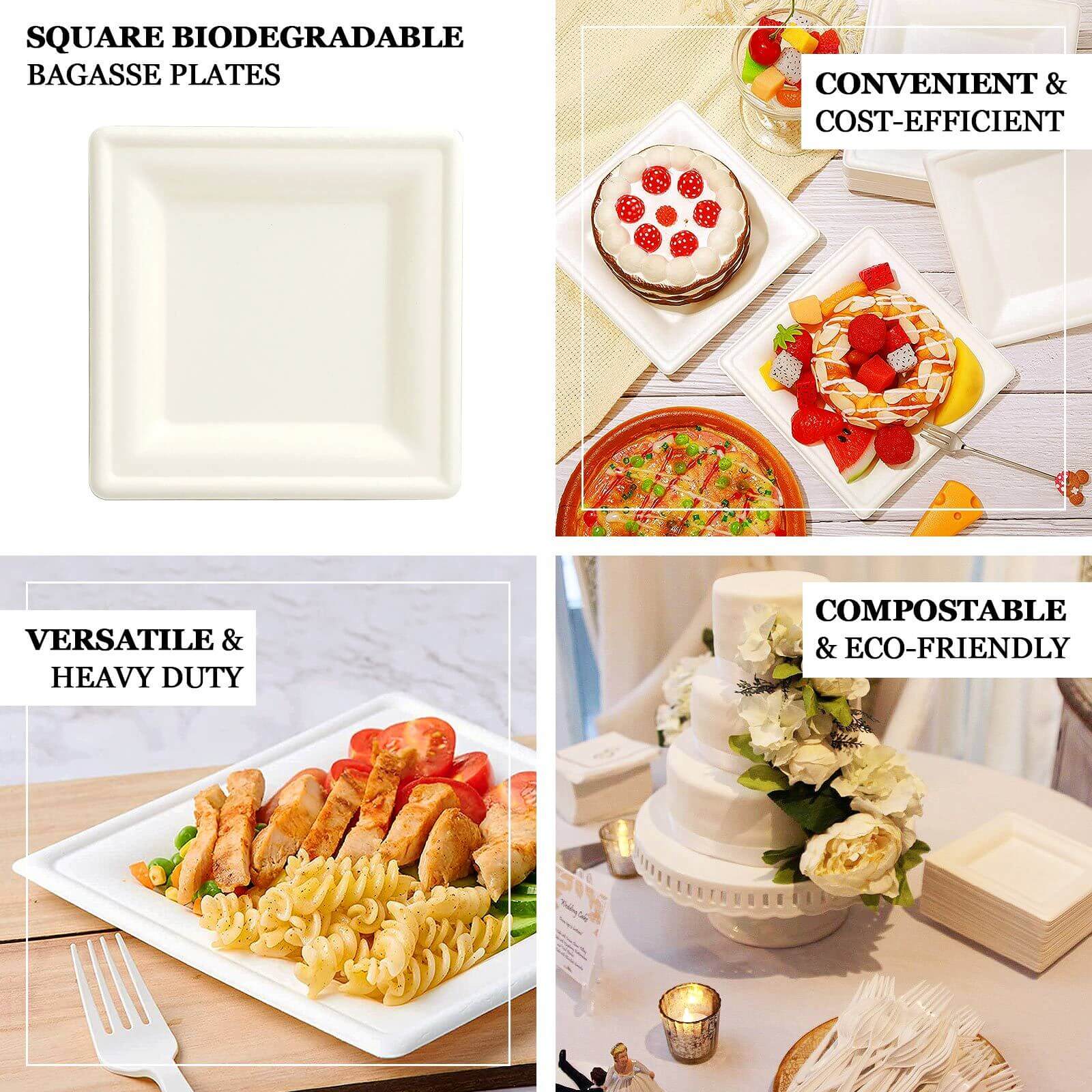 50-Pack Bagasse 6 Square Dessert Plates in White - Biodegradable Disposable Sugarcane Appetizer Salad Plates for Outdoor Events & Eco Conscious Celebrations