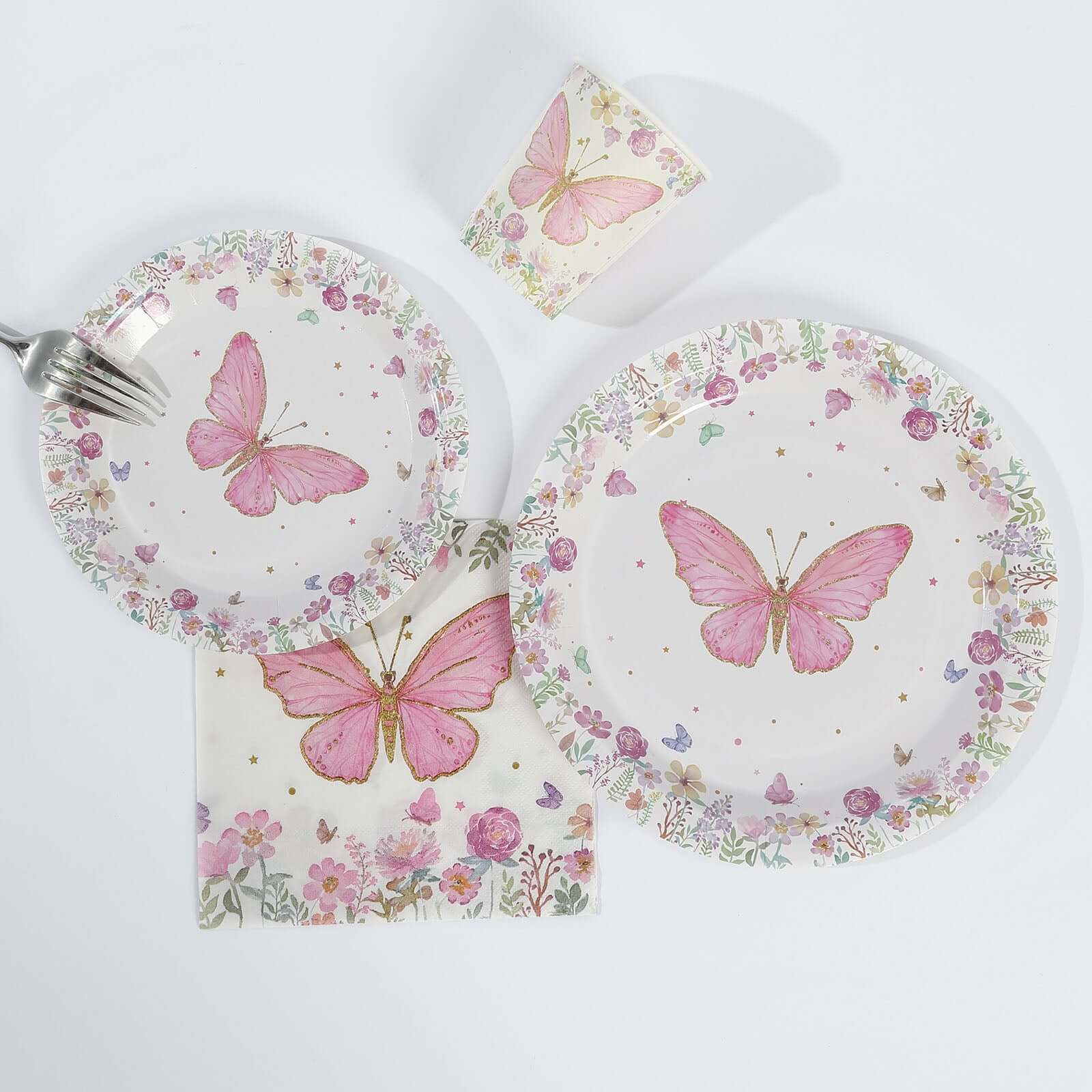 96 Pcs Paper Dinnerware Set with Butterfly Print White/Pink - Disposable Tableware Set with Plates, Cups, and Napkins