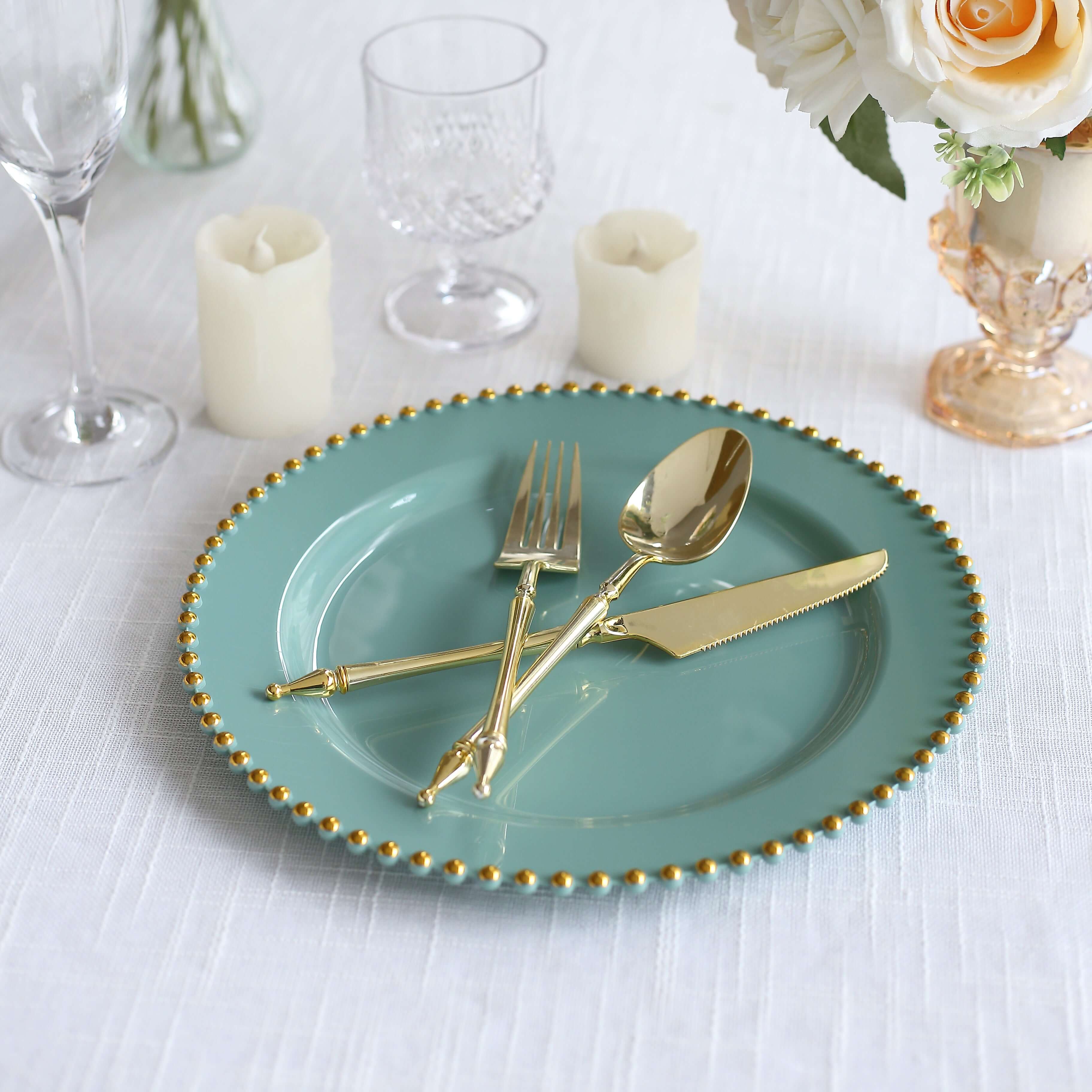 10-Pack Plastic 10 Round Dinner Plates in Dusty Sage Green with Gold Beaded Rim - Disposable Party Plates