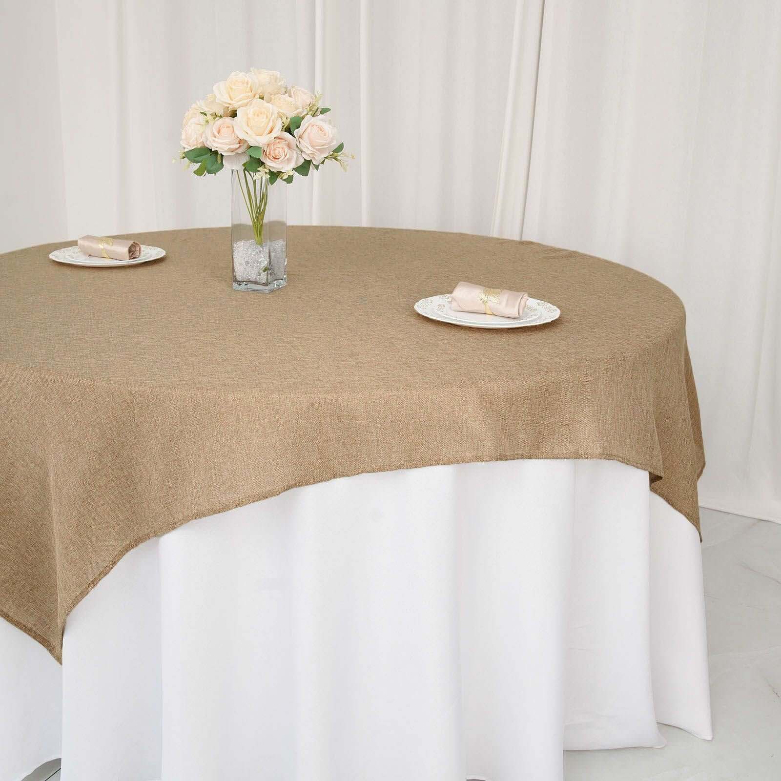 Burlap 72x72 Faux Jute Table Overlay Square Tablecloth Natural - Boho Chic Design for Vintage Celebrations