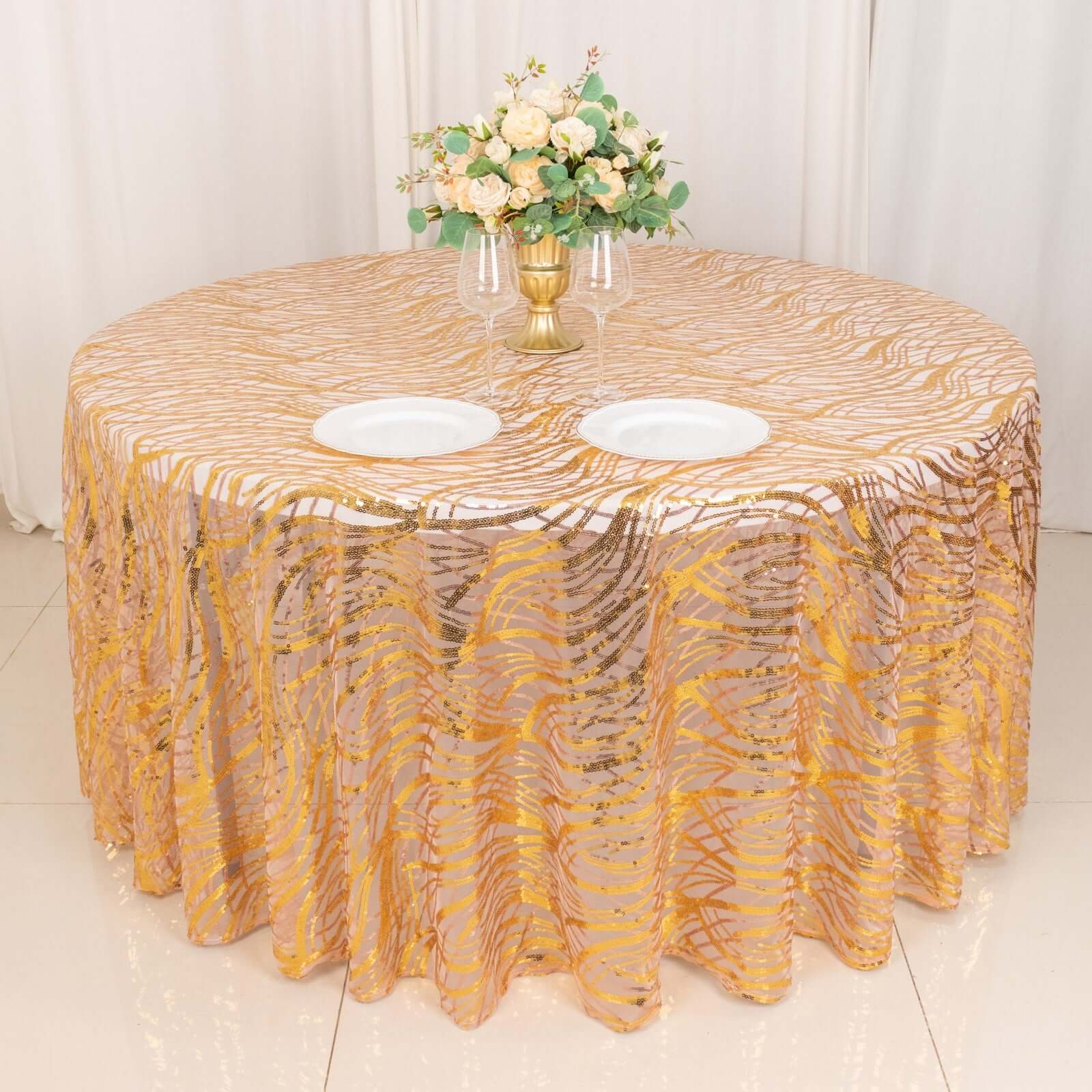 Sequin Mesh 120 Round Tablecloth Rose Gold/Gold - Seamless Wave Embroidered Table Cover