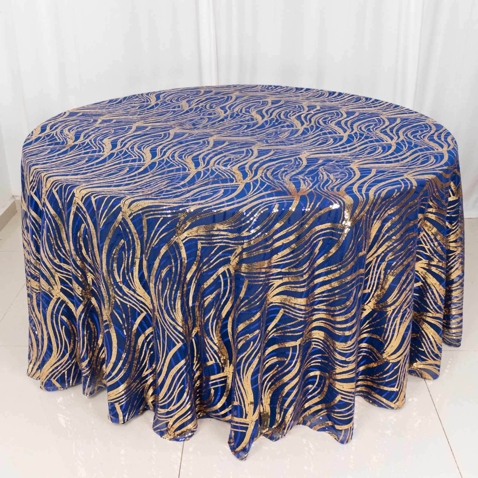 Sequin Mesh 120 Round Tablecloth Royal Blue/Gold - Seamless Wave Embroidered Table Cover