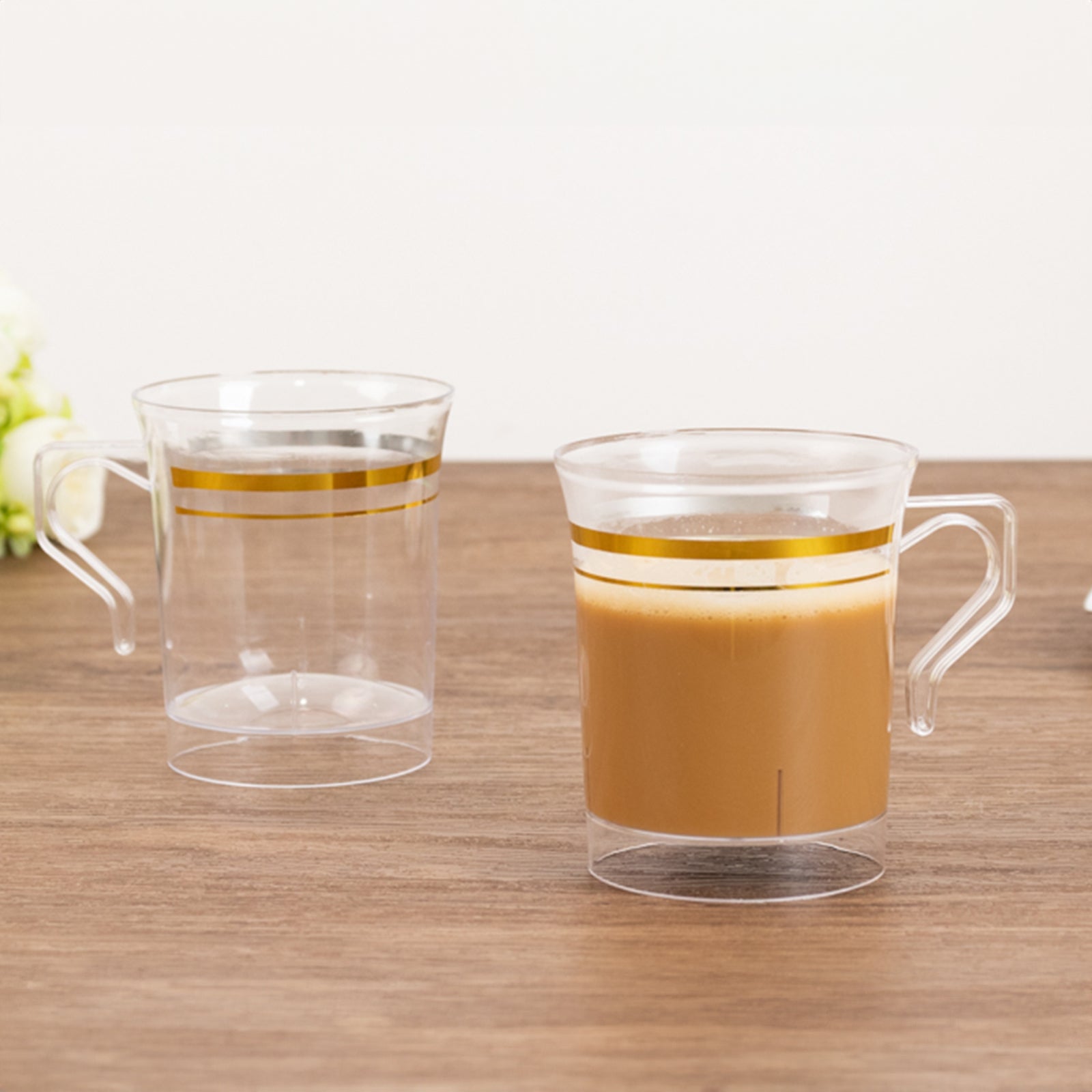 8-Pack Plastic Coffee Mugs Clear with Gold Stripes - Sturdy Disposable Cups for Coffee and Tea 8oz 3.5