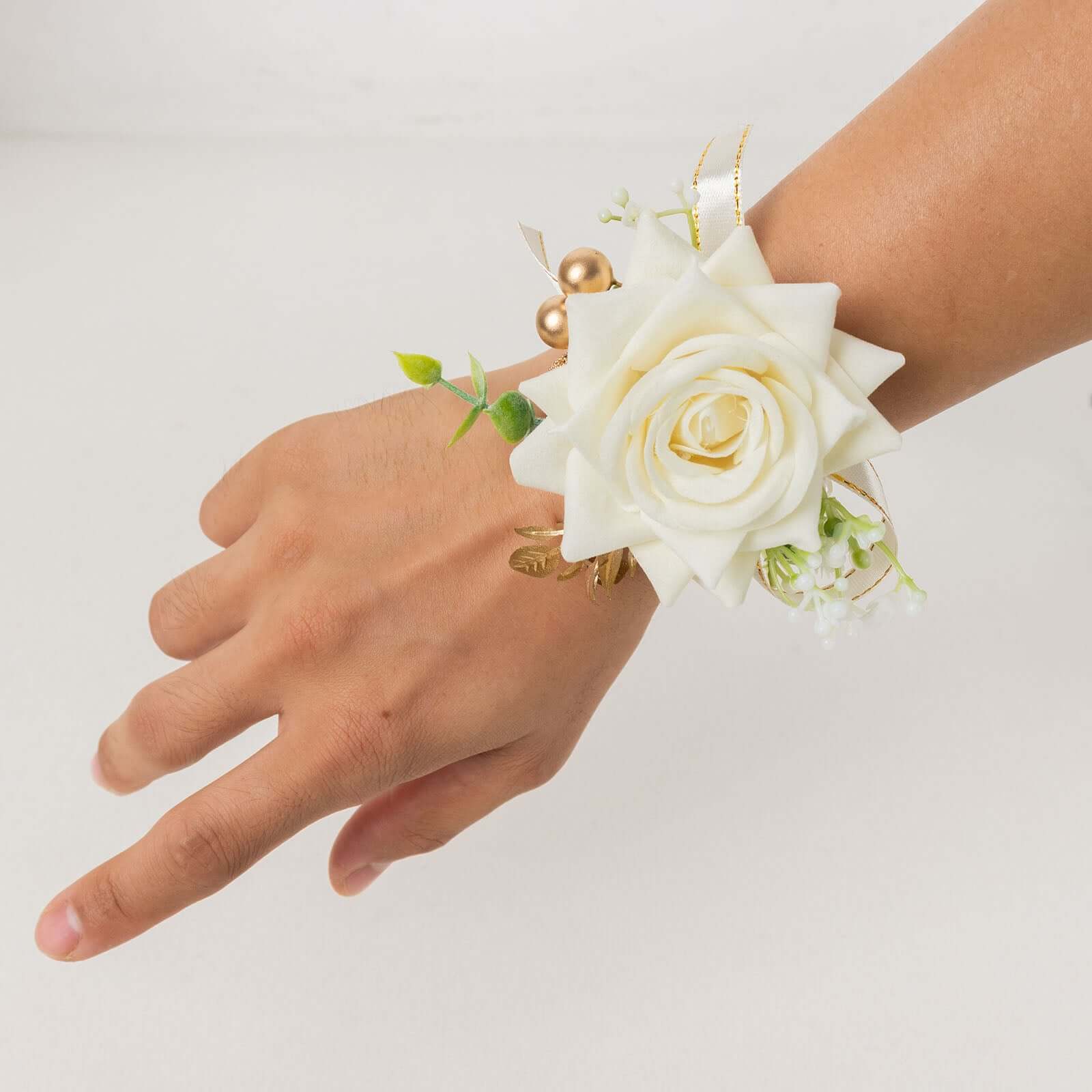 2 Pack White Artificial Rose Wrist Corsages With Pearls, 4 Flower Bracelet Wedding Accessories