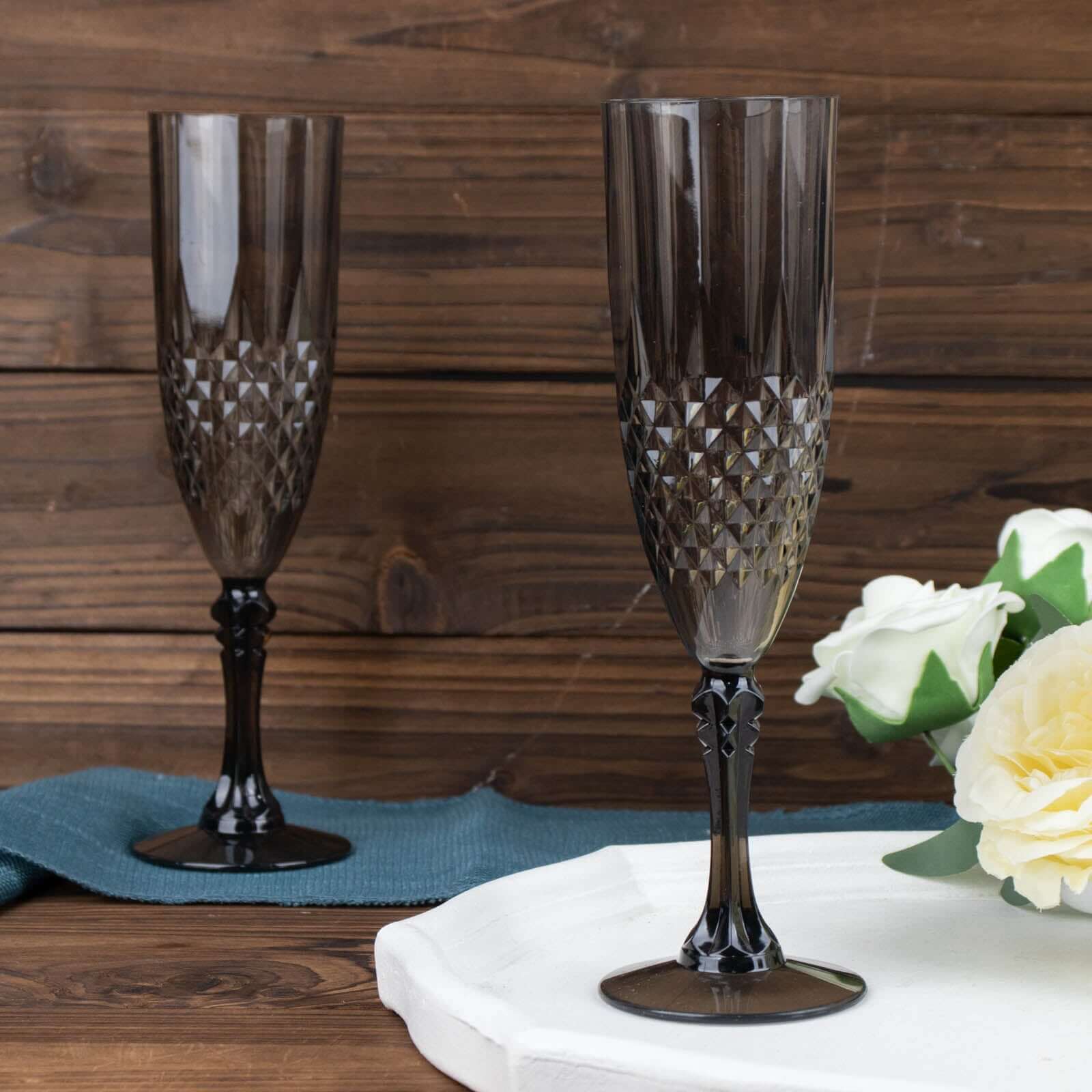 6-Pack Plastic Wedding Toast Flutes Black Transparent Crystal Cut Style - Reusable Champagne Glasses 8oz