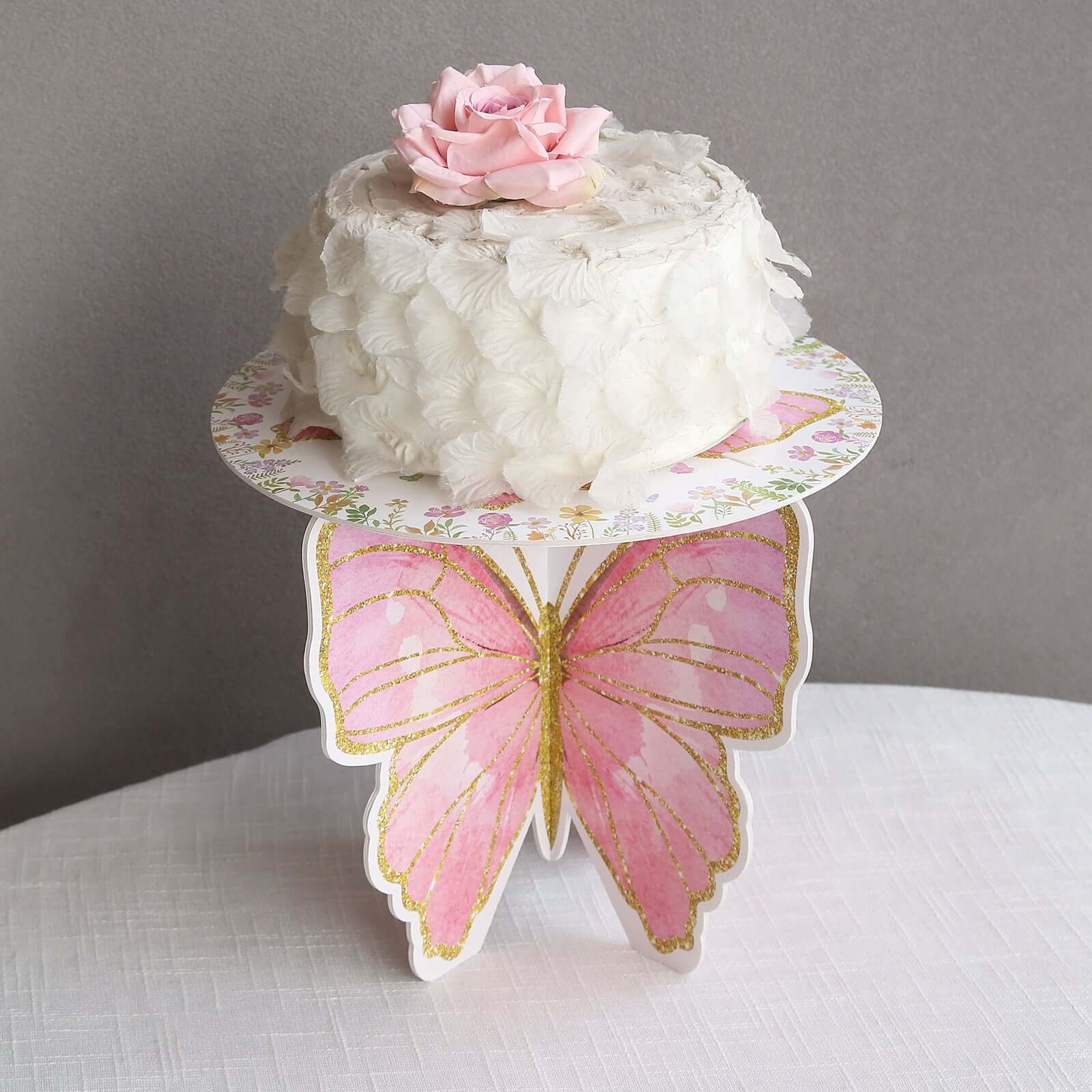 2-Pack Foam Board Cake Stands White/Pink Glitter Butterfly with Floral Print - Sturdy Cupcake Dessert Holder Display Stands for Enchanted Garden Party Birthday & Event Decor 12