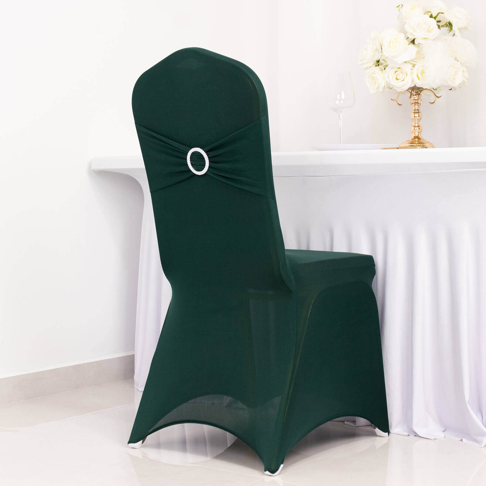 Spandex Chair Cover with Hunter Emerald Green Rhinestone Buckled Sash Band Blush - Stretch Fitted Slipcover