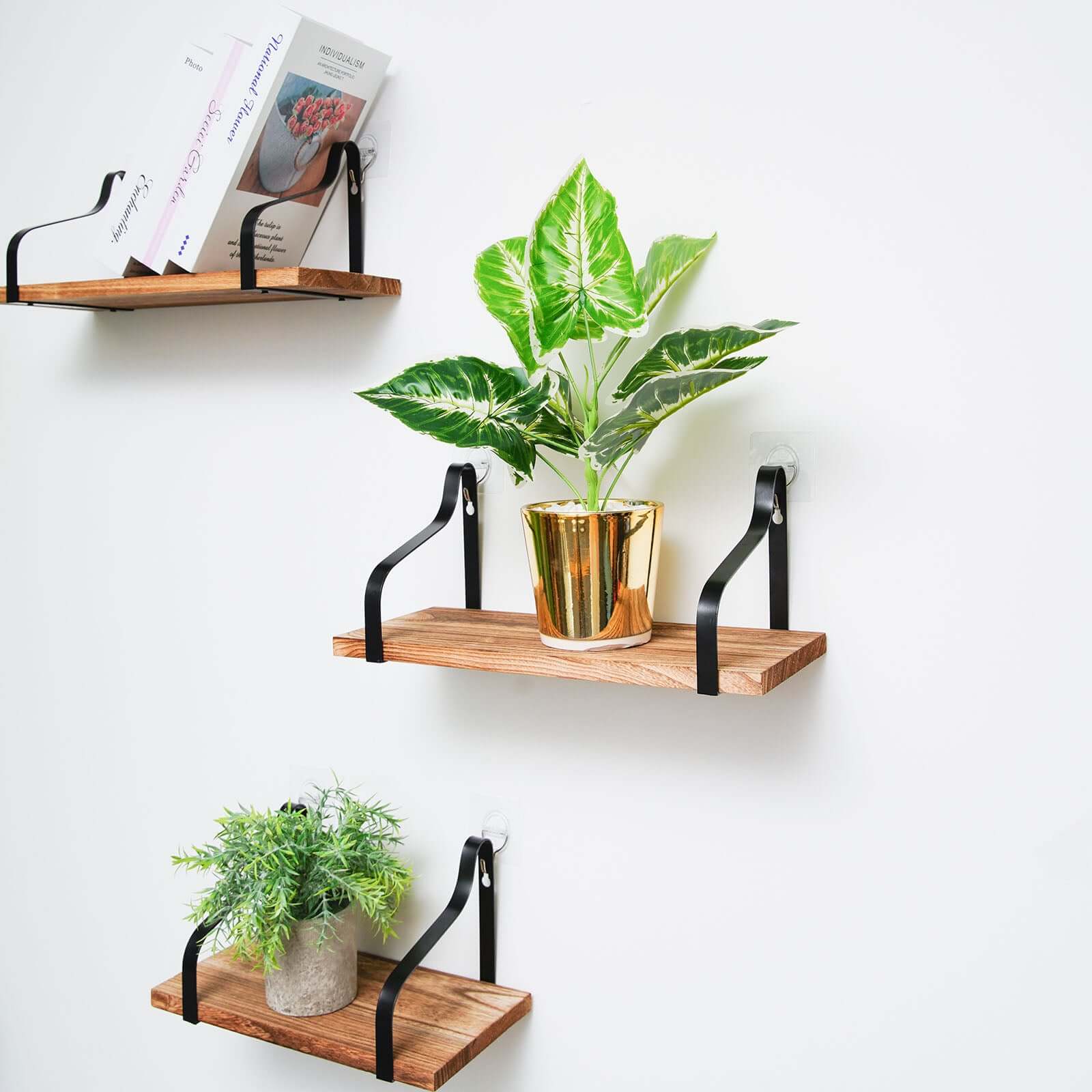 3 Pack Wood Metal Floating Wall Shelves Wall Mounted Shelf Set Decor