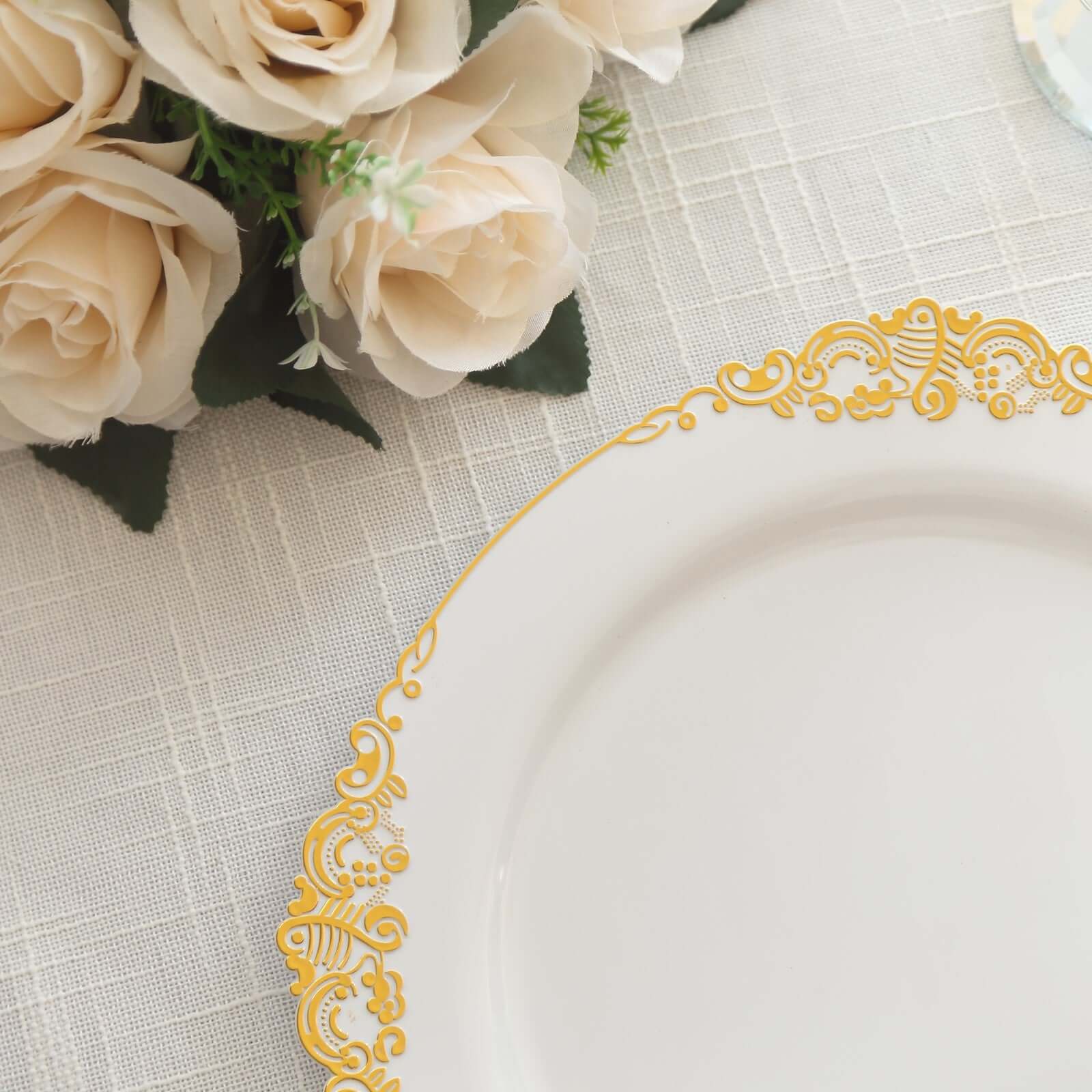 10-Pack Plastic 10 Round Dinner Plates in White with Gold Leaf Embossed Rim - Disposable Vintage Baroque Style Plates for Luxurious Gatherings & Events