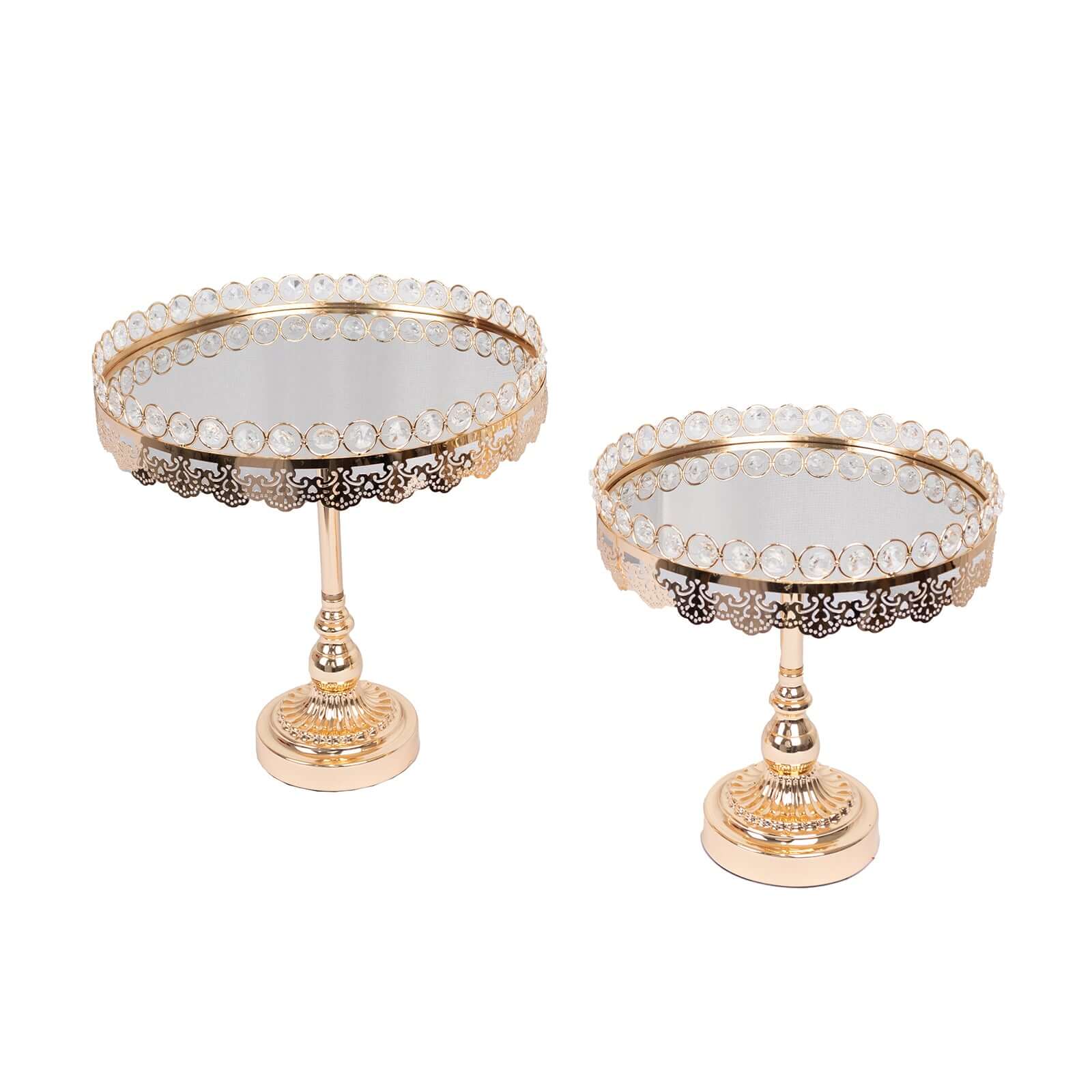 Set of 2 Pedestal Cake Stands Round Design with Mirror Top Gold - Crystal Beaded Cupcake Dessert Display Metal 11, 13