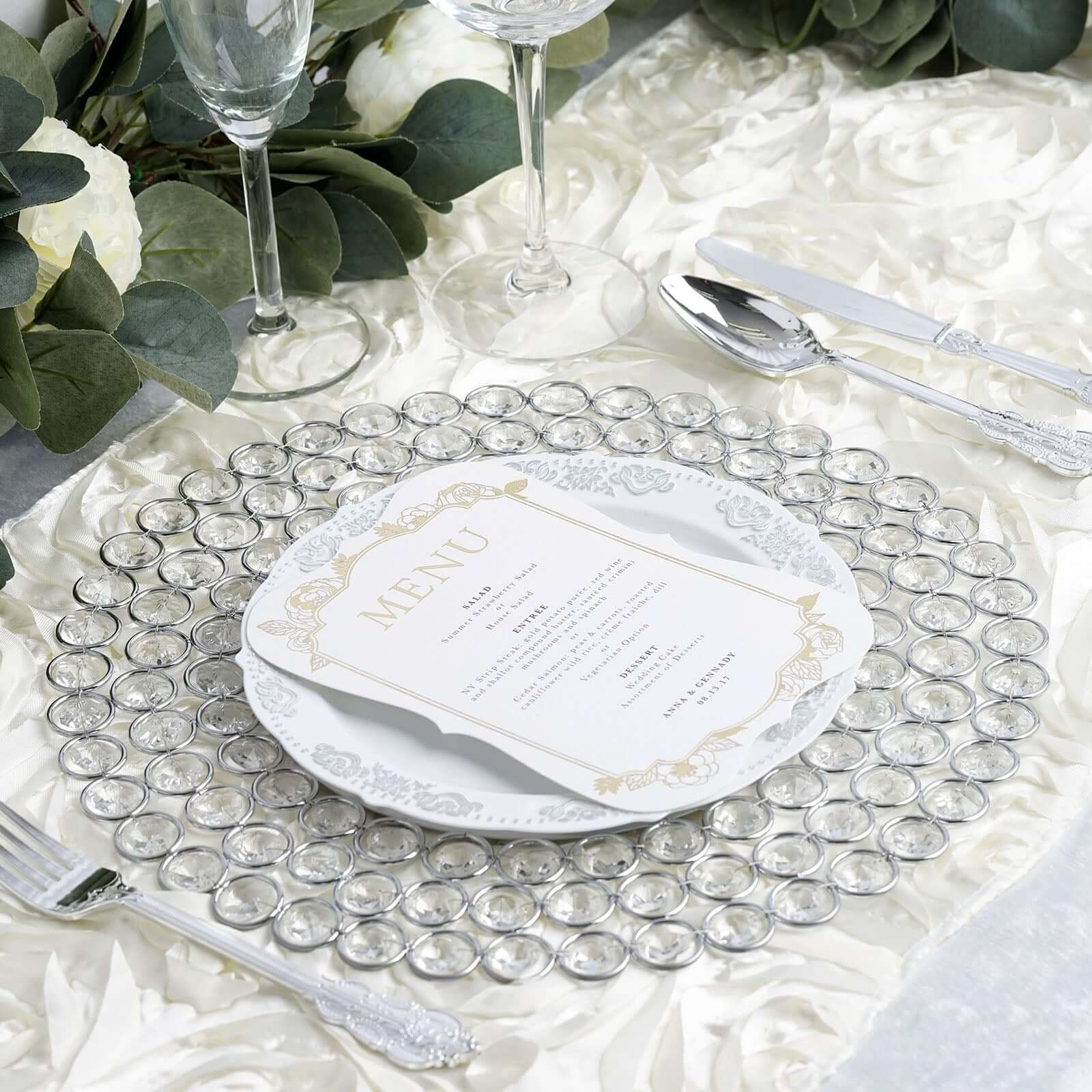 Wired Metal Round Charger Plate 14 in SIlver with Acrylic Crystal Beads, Glamorous Decorative Dinner Charger Tableware