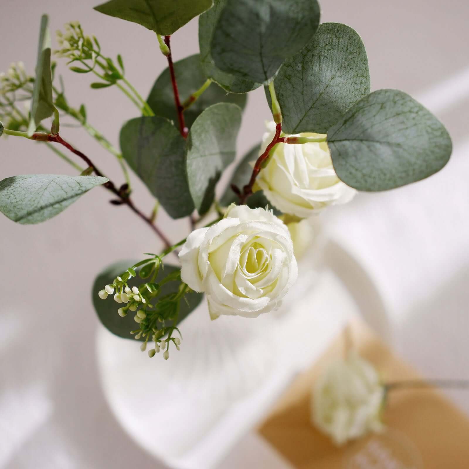 15 Ivory Artificial Silk Rose and Eucalyptus Flower Bouquet Arrangement