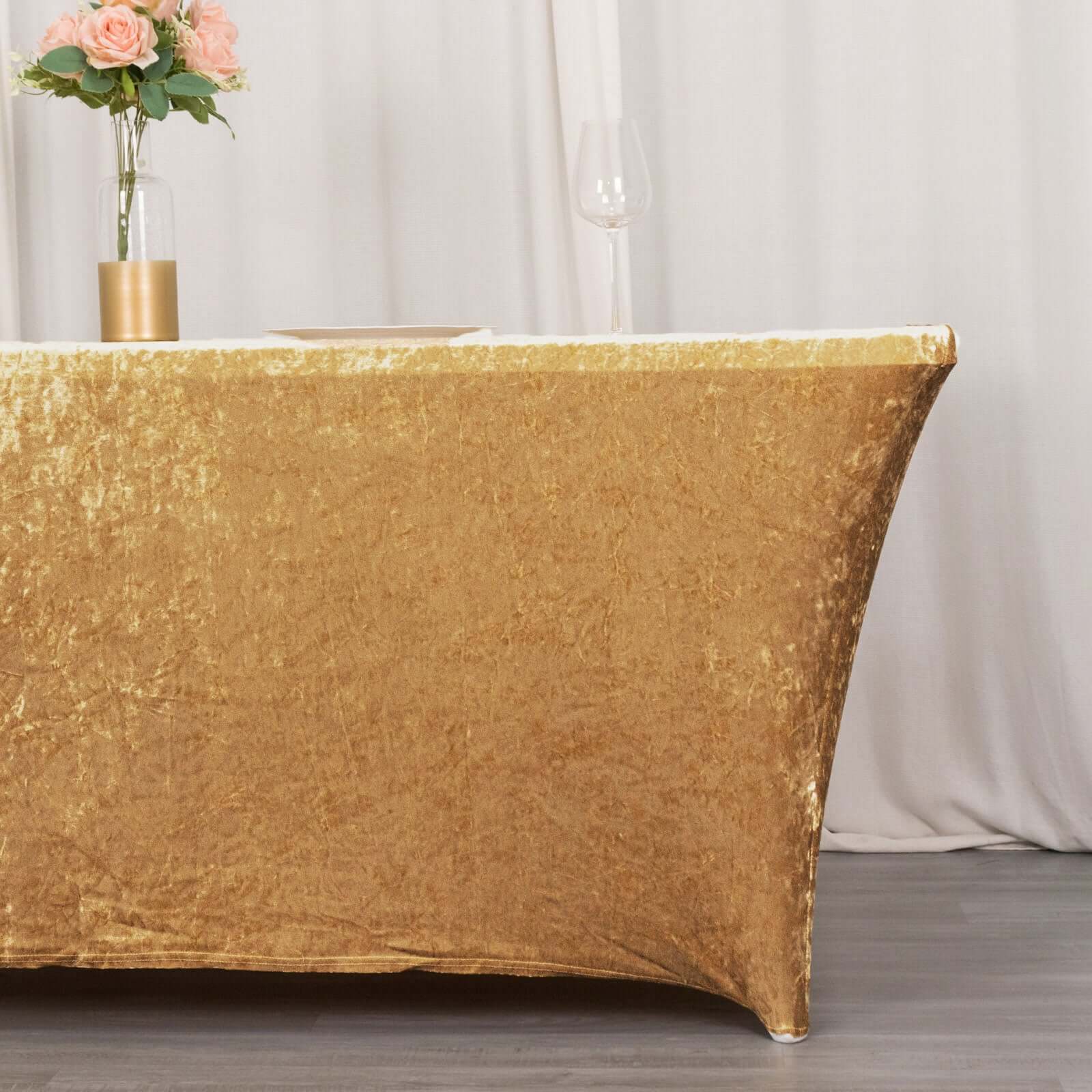 Crushed Velvet Fitted Rectangular 6ft Table Cover Champagne - Wrinkle-Free Stretchy Tablecloth