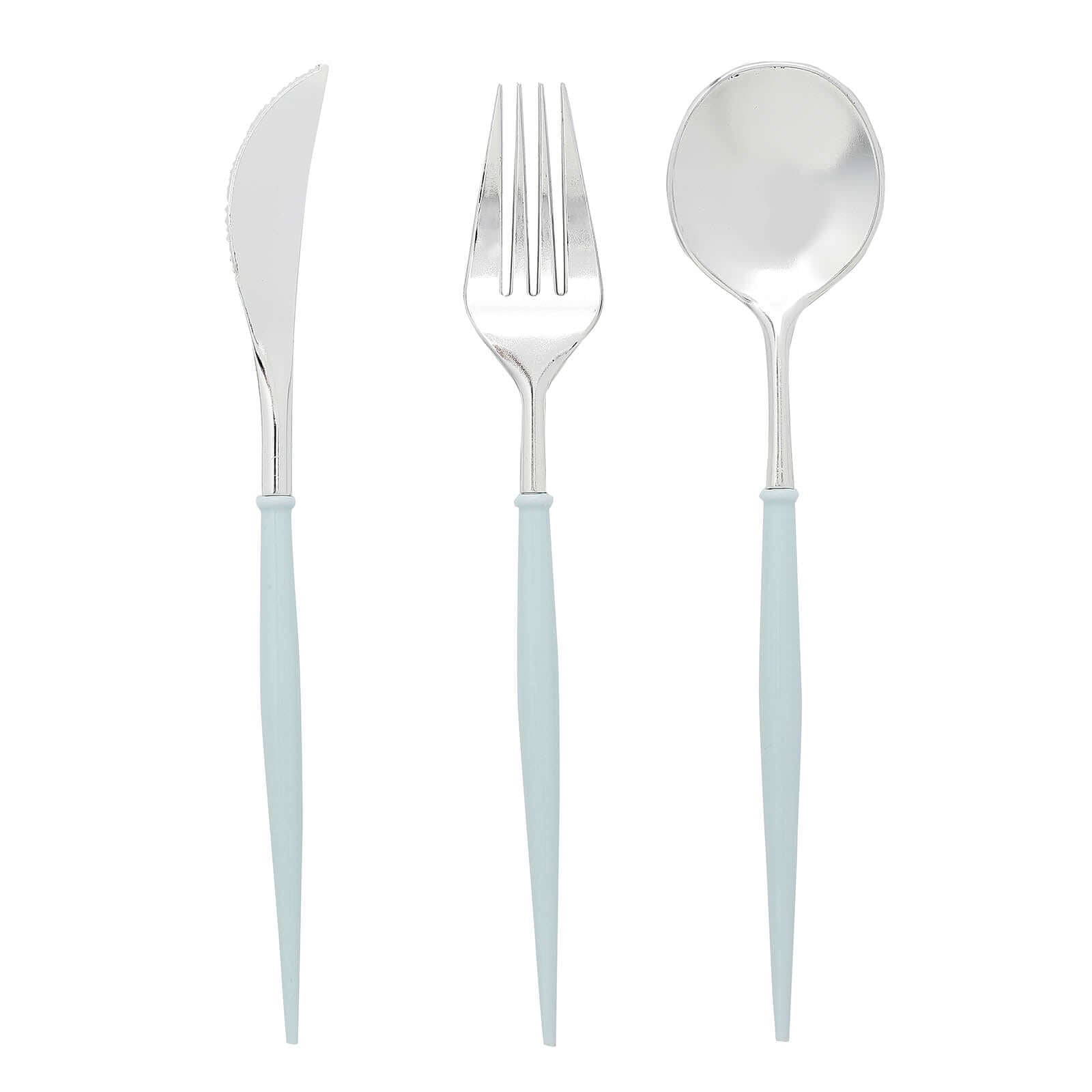 24-Pack Plastic Flatware Set in Silver with Light Blue Handle - Heavy Duty Disposable Modern Silverware 8