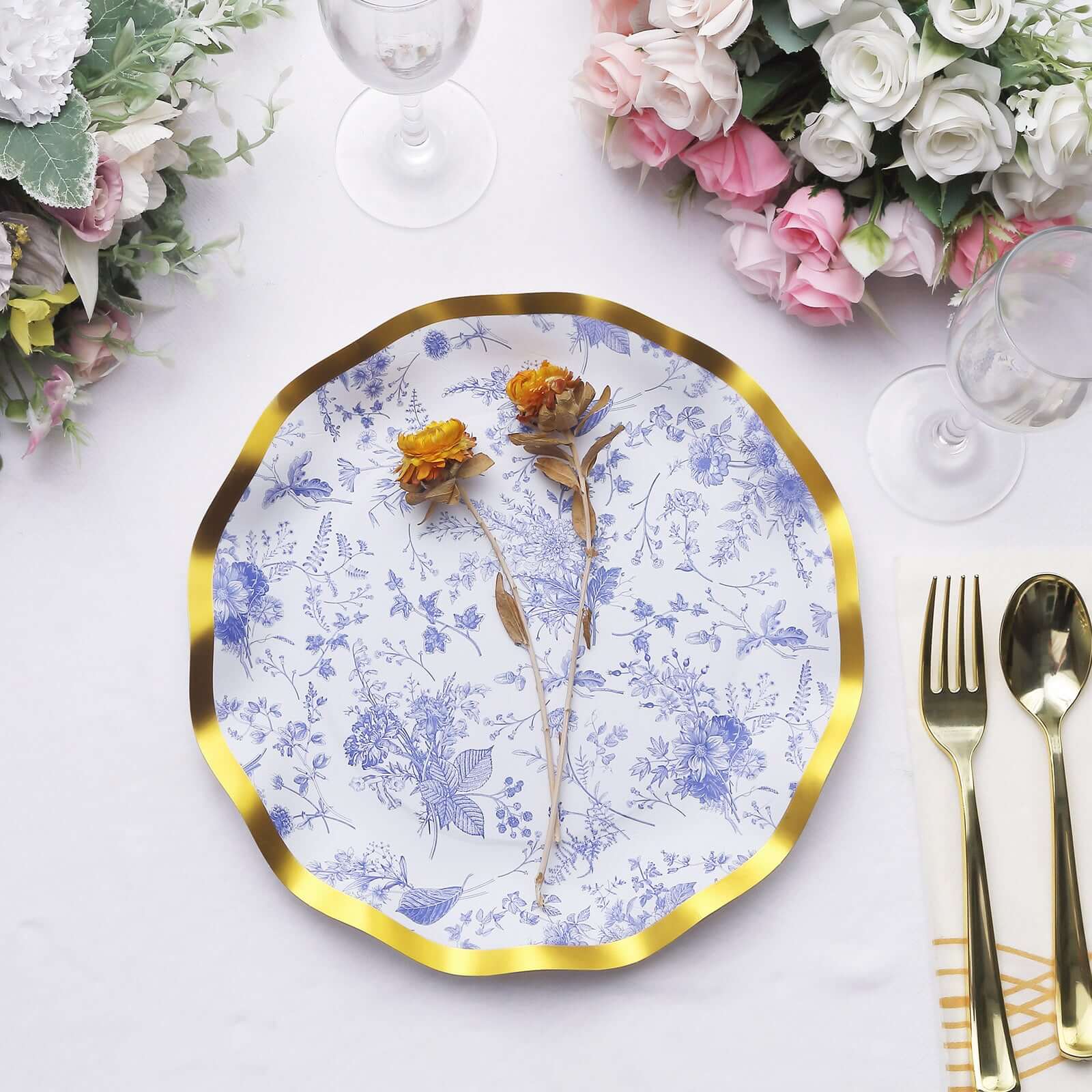 25-Pack Paper Round Dinner Plates 10 in White with Blue French Toile Pattern & Gold Wavy Rim - Disposable 350GSM Party Plates