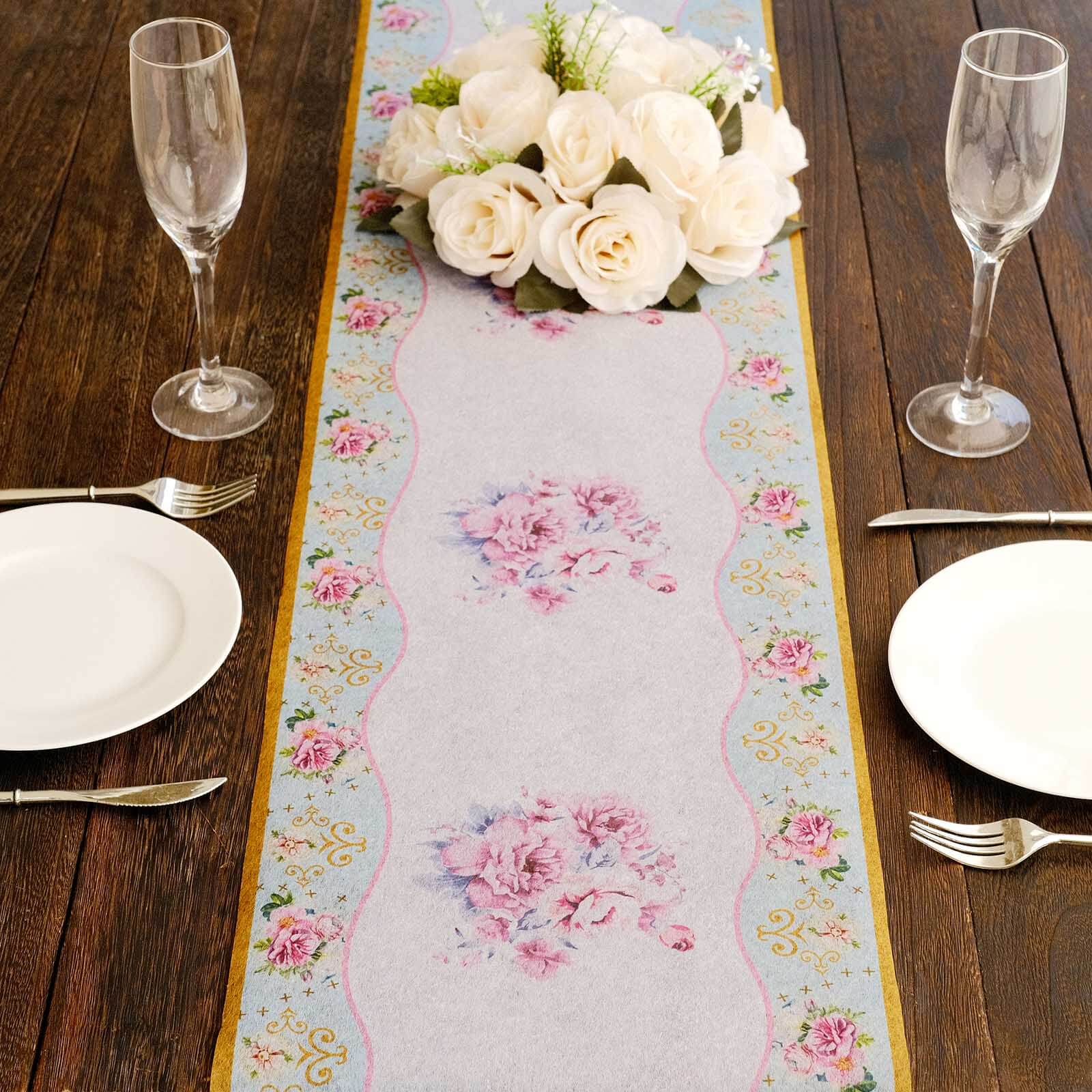 Disposable Table Runner 11x108 White with Pink Peony Floral Print - Non-woven Stylish Spring Summer Dining Decor