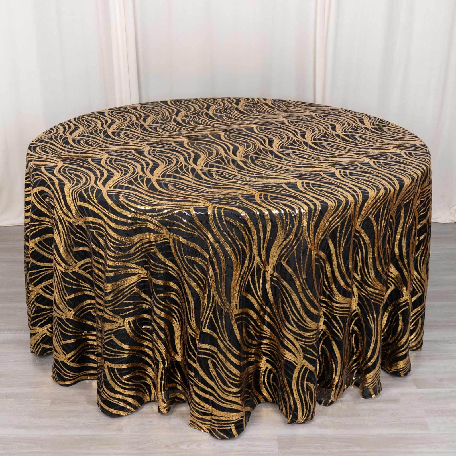 Sequin Mesh 120 Round Tablecloth Black/Gold - Seamless Wave Embroidered Table Cover