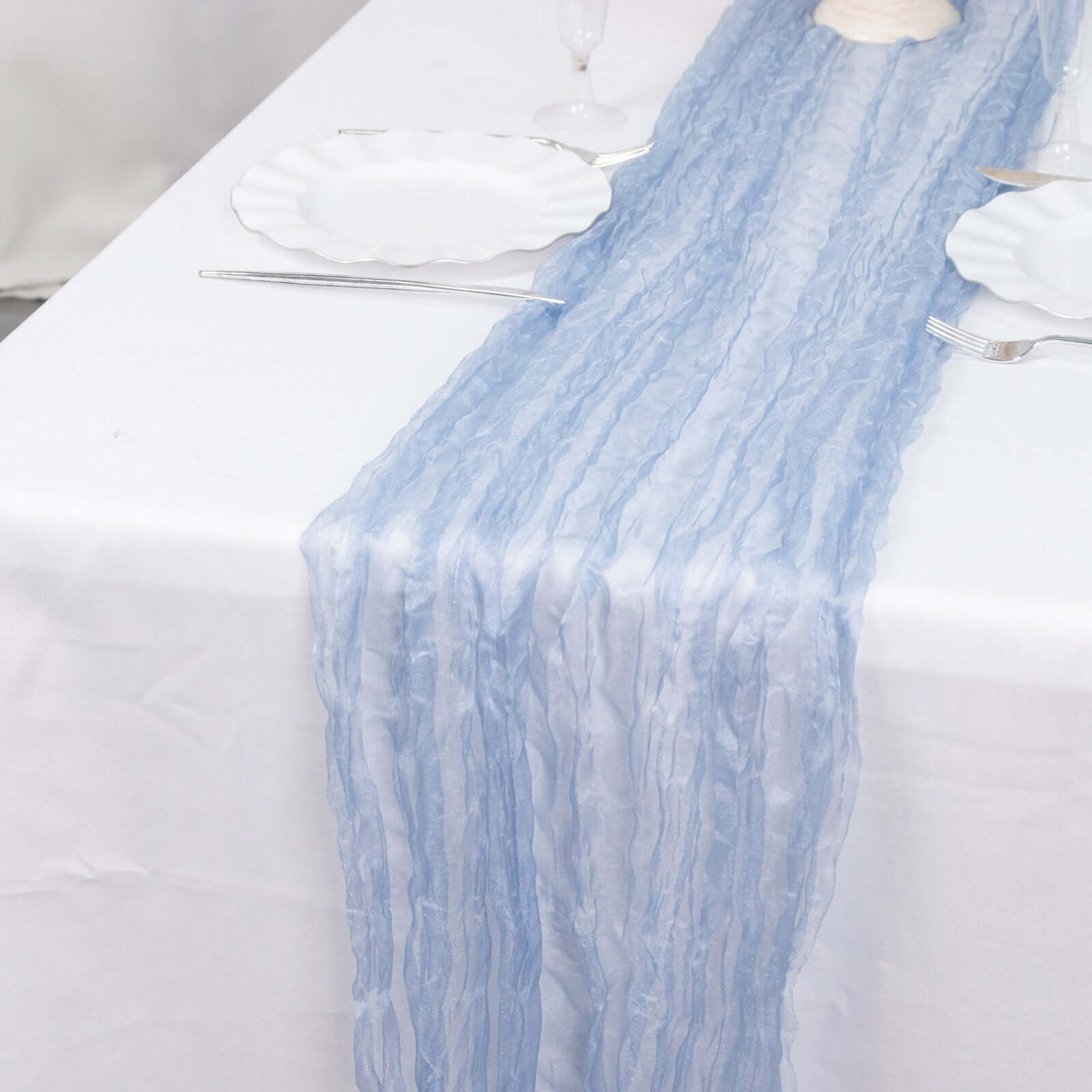 Sheer Crinkled Organza 9ft Table Runner Dusty Blue - Rustic Chiffon Look