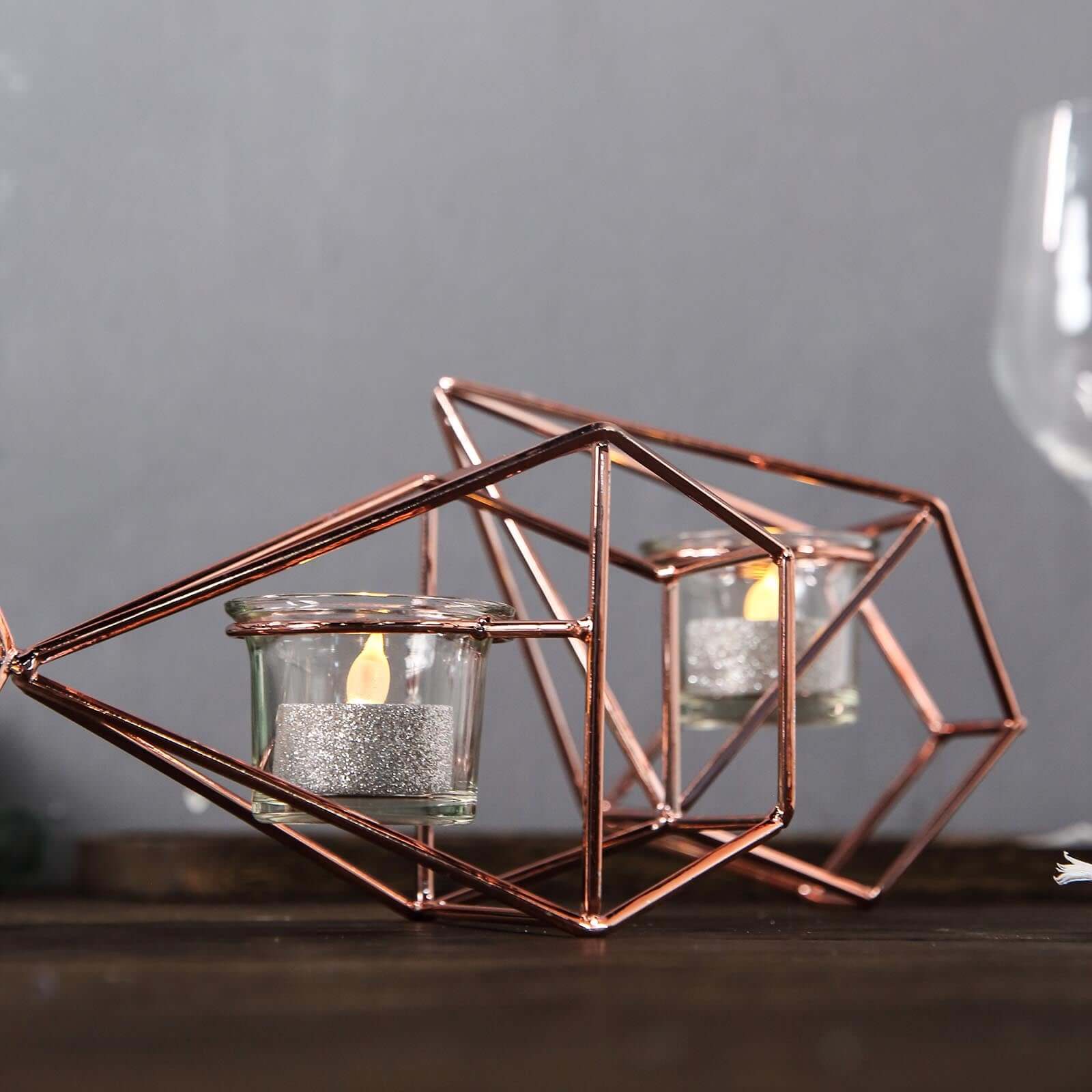 Set of Metal Candle Holders Linked Geometric Design Rose Gold - Modern Votive Glass Decor for Tables & Gatherings 16