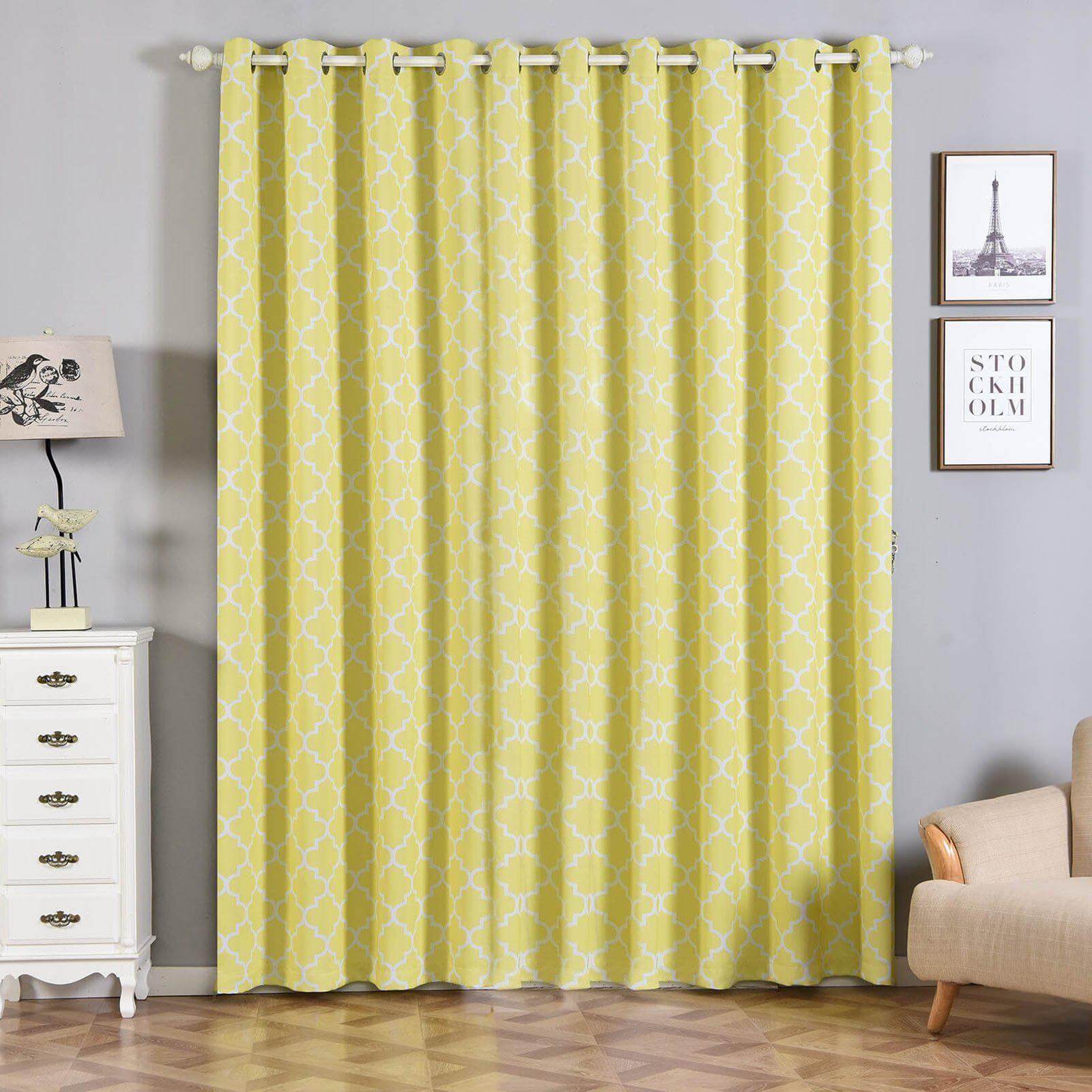 2 Pack White Yellow Lattice Room Darkening Blackout Curtain Panels With Grommet, Trellis Insulated Curtains 52x96 - Clearance SALE