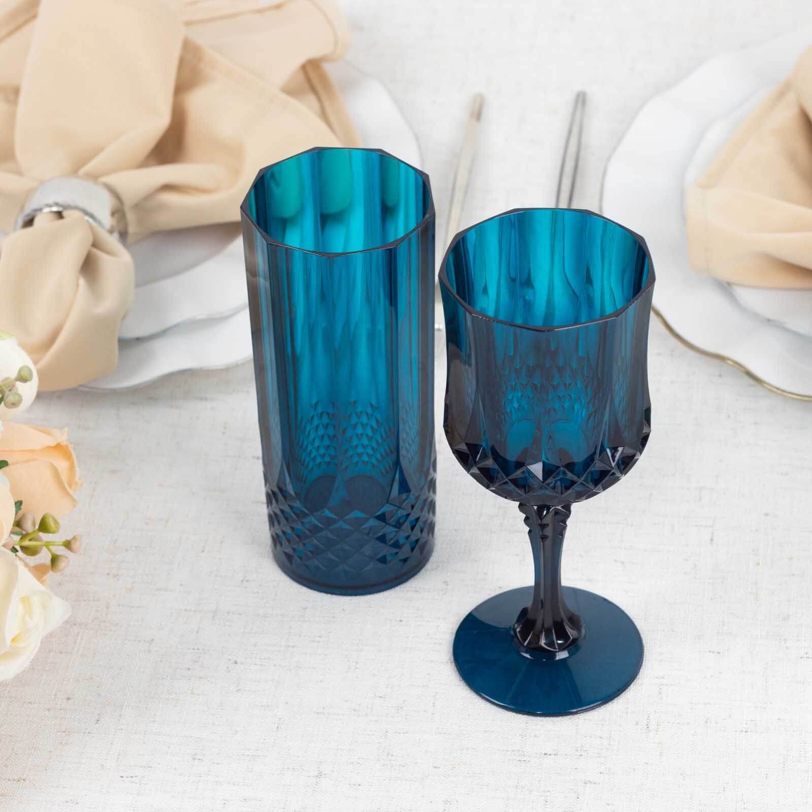 6-Pack Plastic Cocktail Goblets Navy Blue Transparent Crystal Cut - Shatterproof Drinkware 8oz