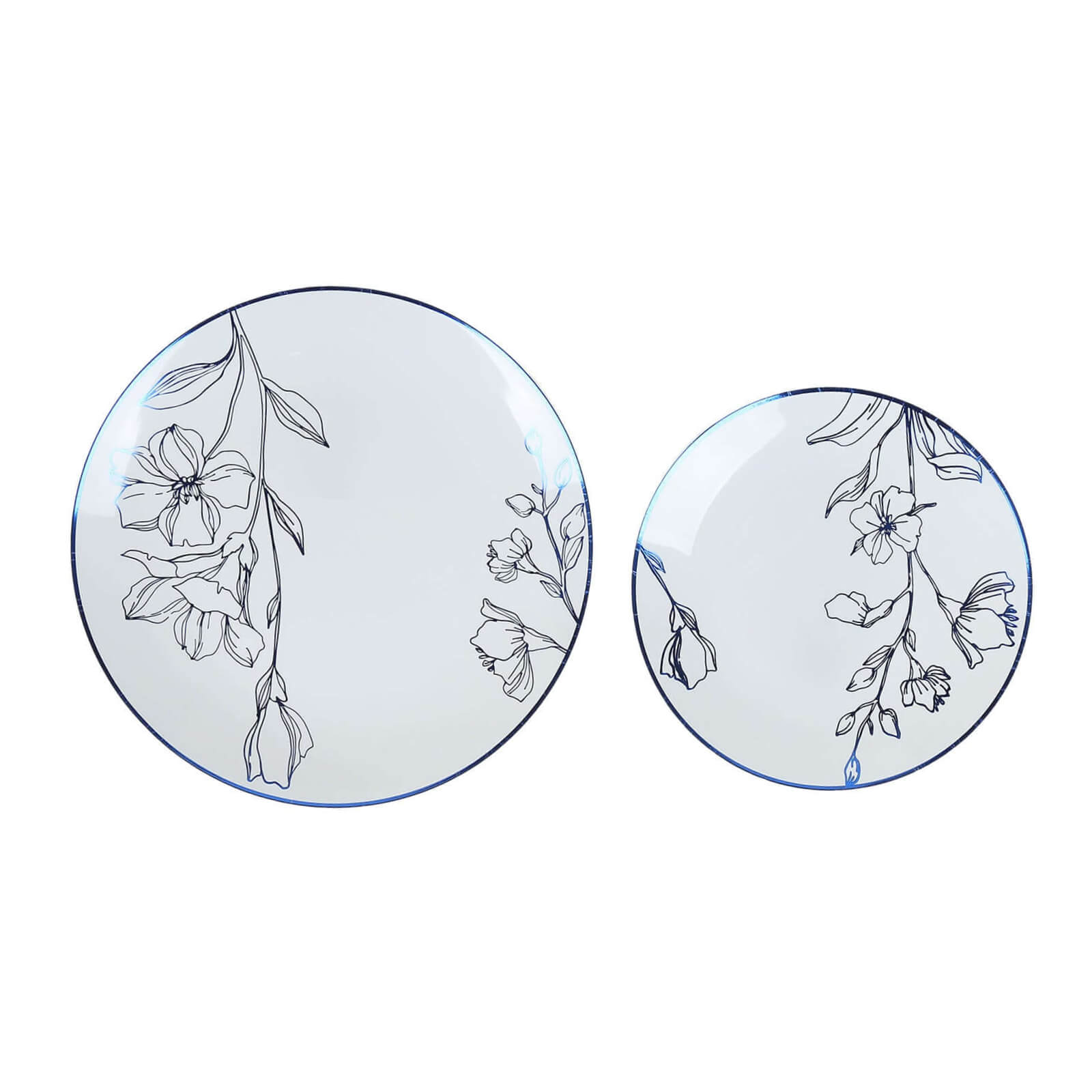 Set of 20 Plastic Round Dinner and Dessert Plates in White with Metallic Blue Floral Design - Stylish Disposable Dinnerware 8, 10