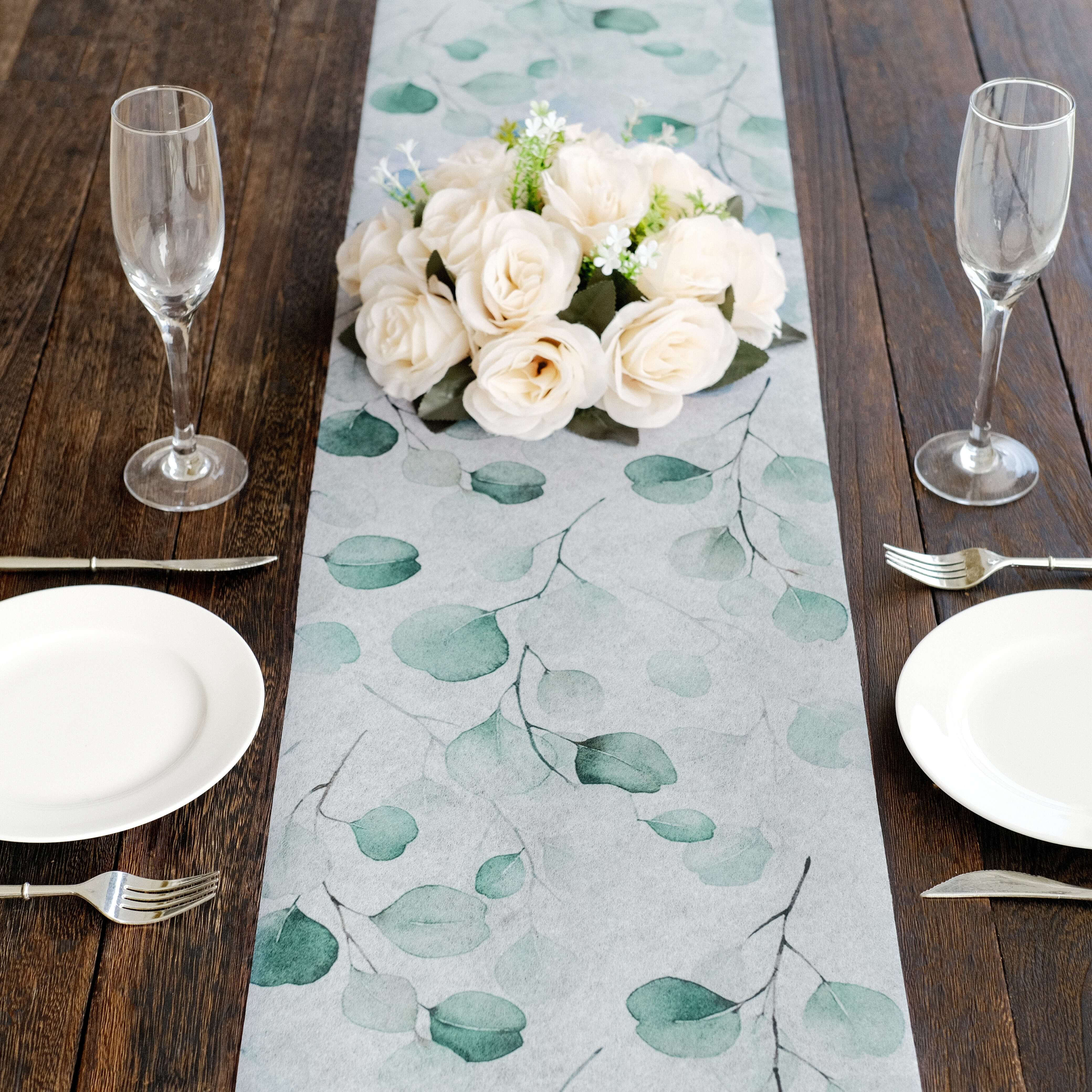 Disposable Table Runner 11x108 White with Green Eucalyptus Leaves Print - Non-woven Stylish Spring Summer Dining Decor