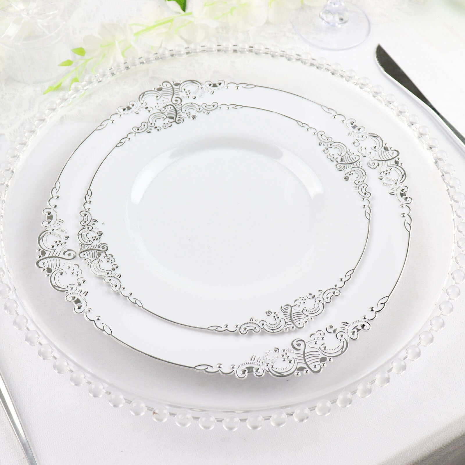 10-Pack Plastic 10 Round Dinner Plates in White with Silver Leaf Embossed Rim - Disposable Vintage Baroque Style Plates