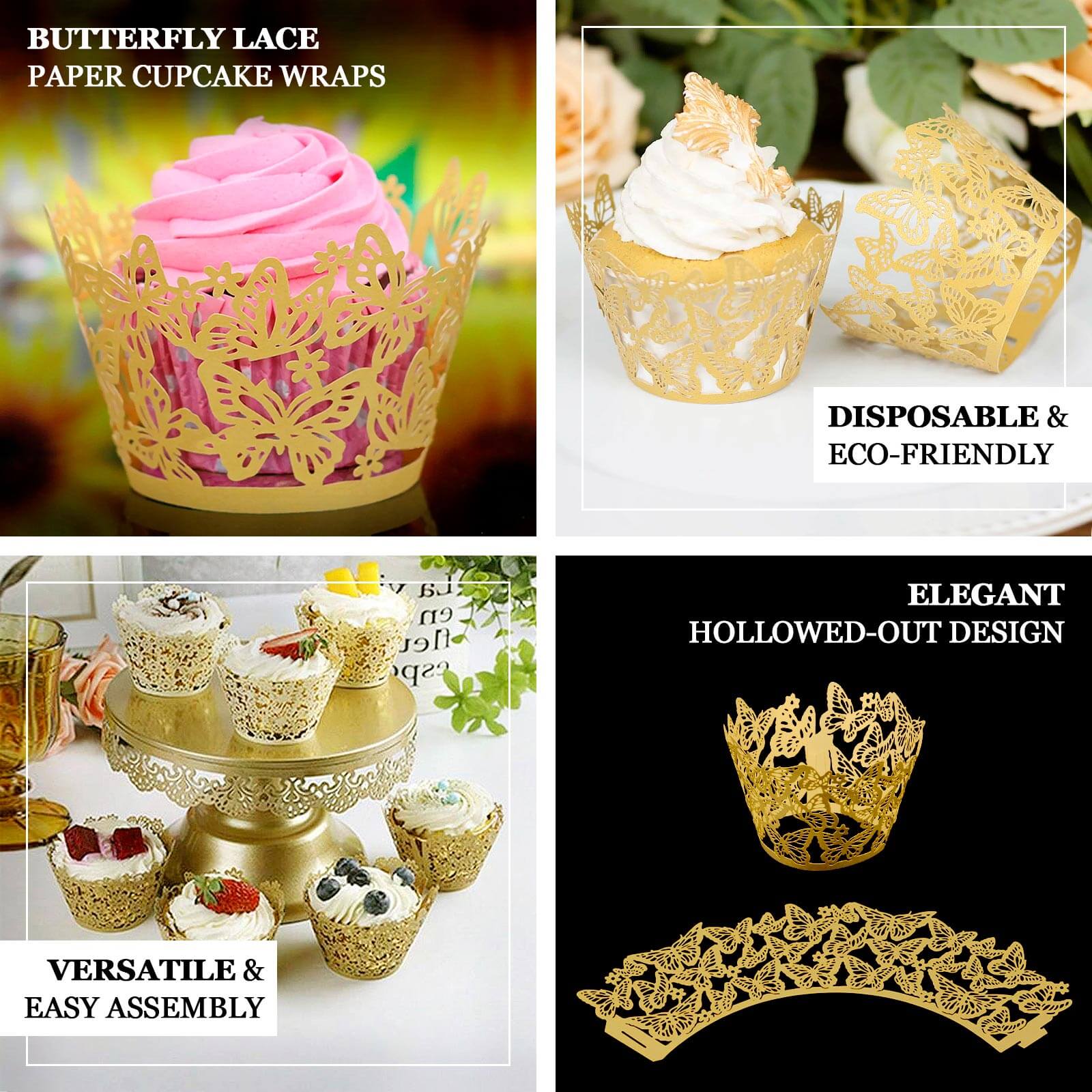 25-Pack Paper Cupcake Liners Butterfly Lace Pattern Design Gold - Round Muffin Wrapper Cups 3