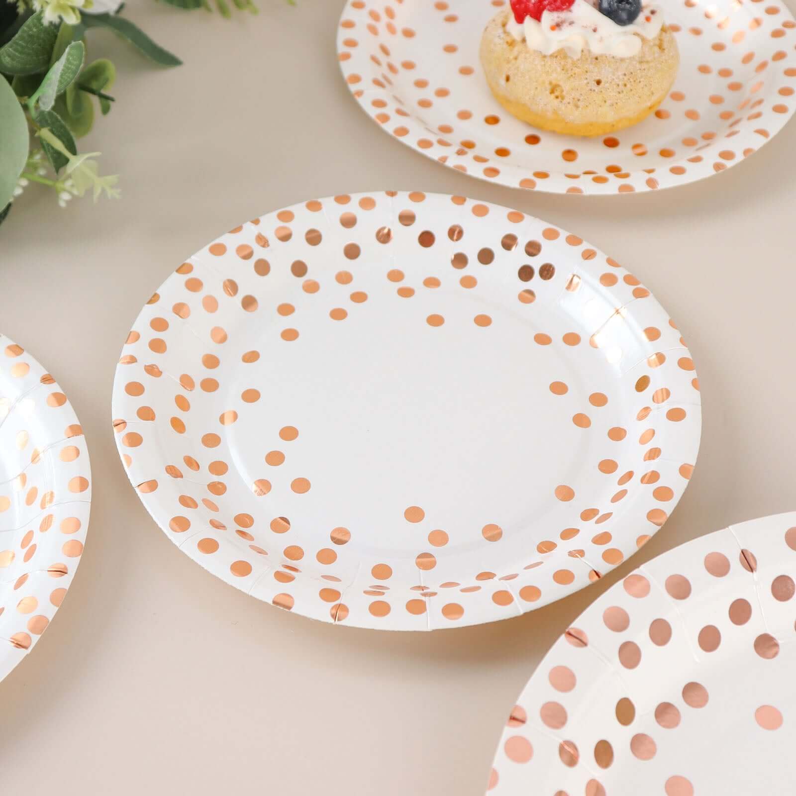 25 Pack 7 White Rose Gold Polka Dot Dessert Appetizer Paper Plates, Disposable Salad Party Plates - 300 GSM