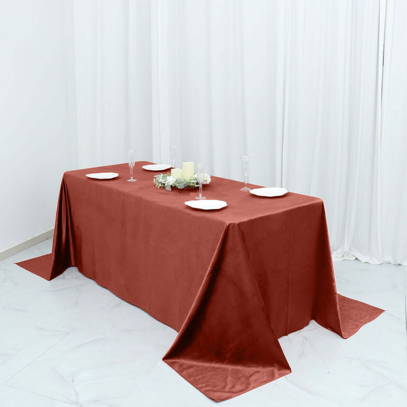 Premium Velvet 90x132 Rectangle Tablecloth Terracotta (Rust) - Reusable Soft & Seamless Table Cover