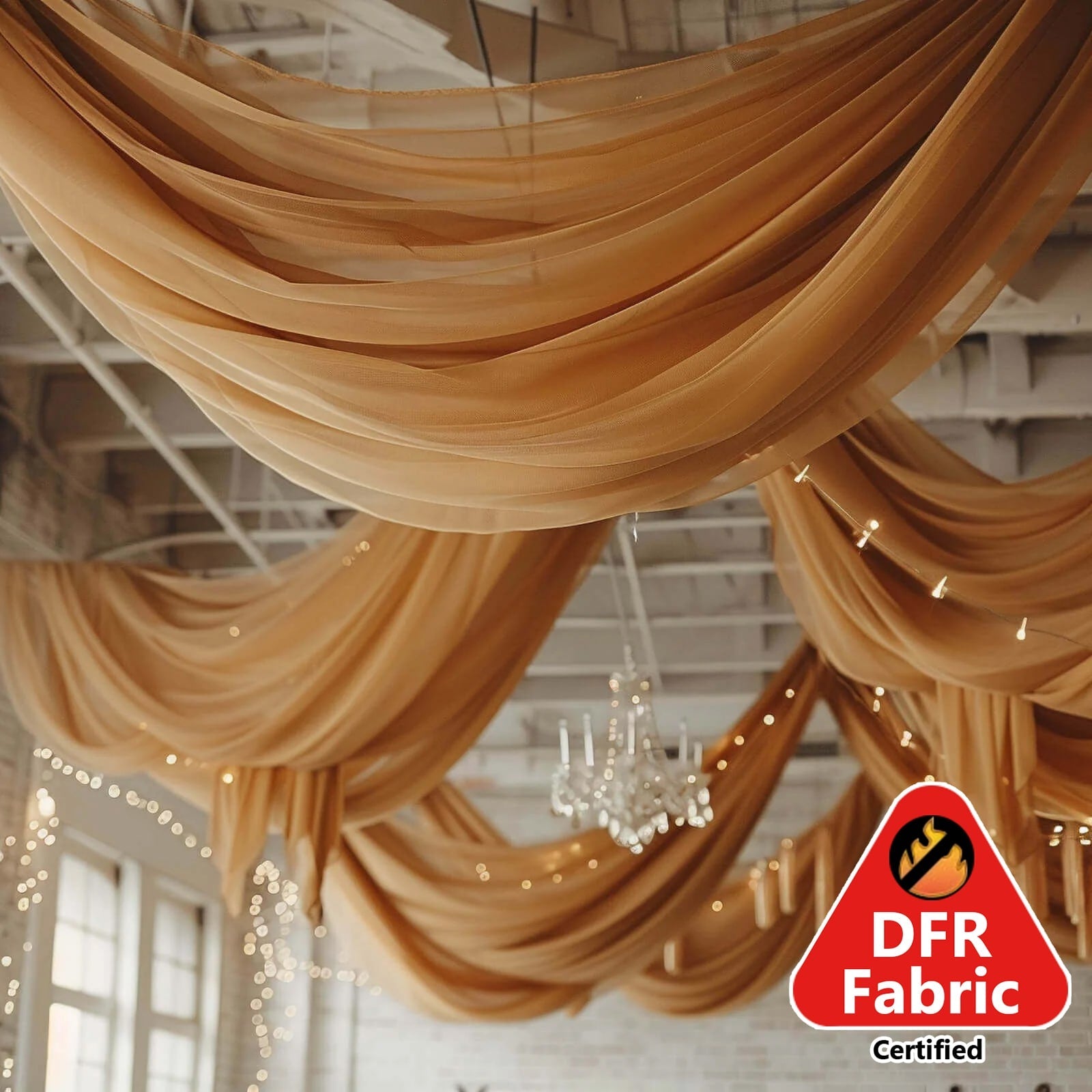 5ftx32ft Premium Gold Chiffon Curtain Panel, Durable Flame Resistant Backdrop Ceiling Drapery With Rod Pocket