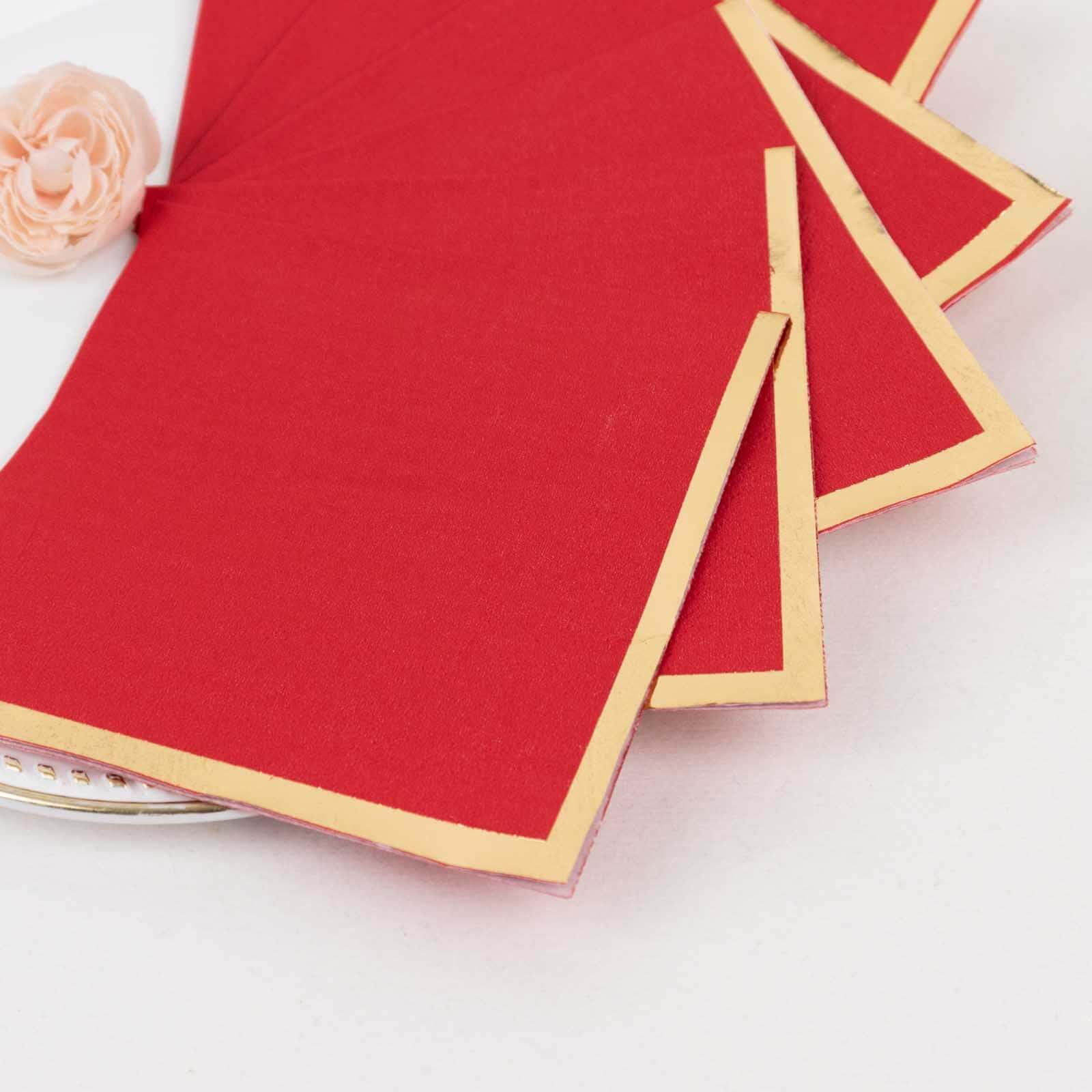 50-Pack Paper Beverage Napkins Red with Gold Foil Edge - 2 Ply Disposable Soft 18GSM Cocktail Napkins 5x5