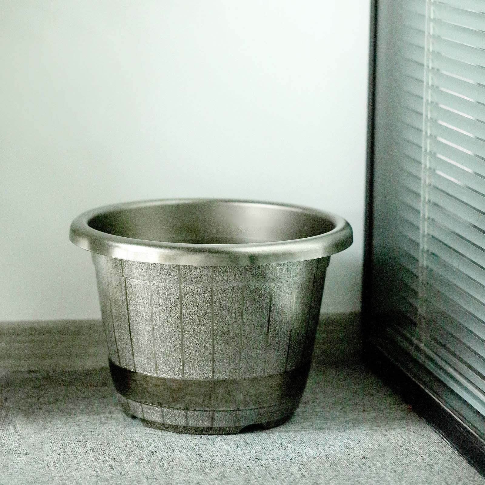 14 Silver Chrome Finished Rim Large Barrel Planter Pot, Indoor Outdoor Decorative Flower Pot