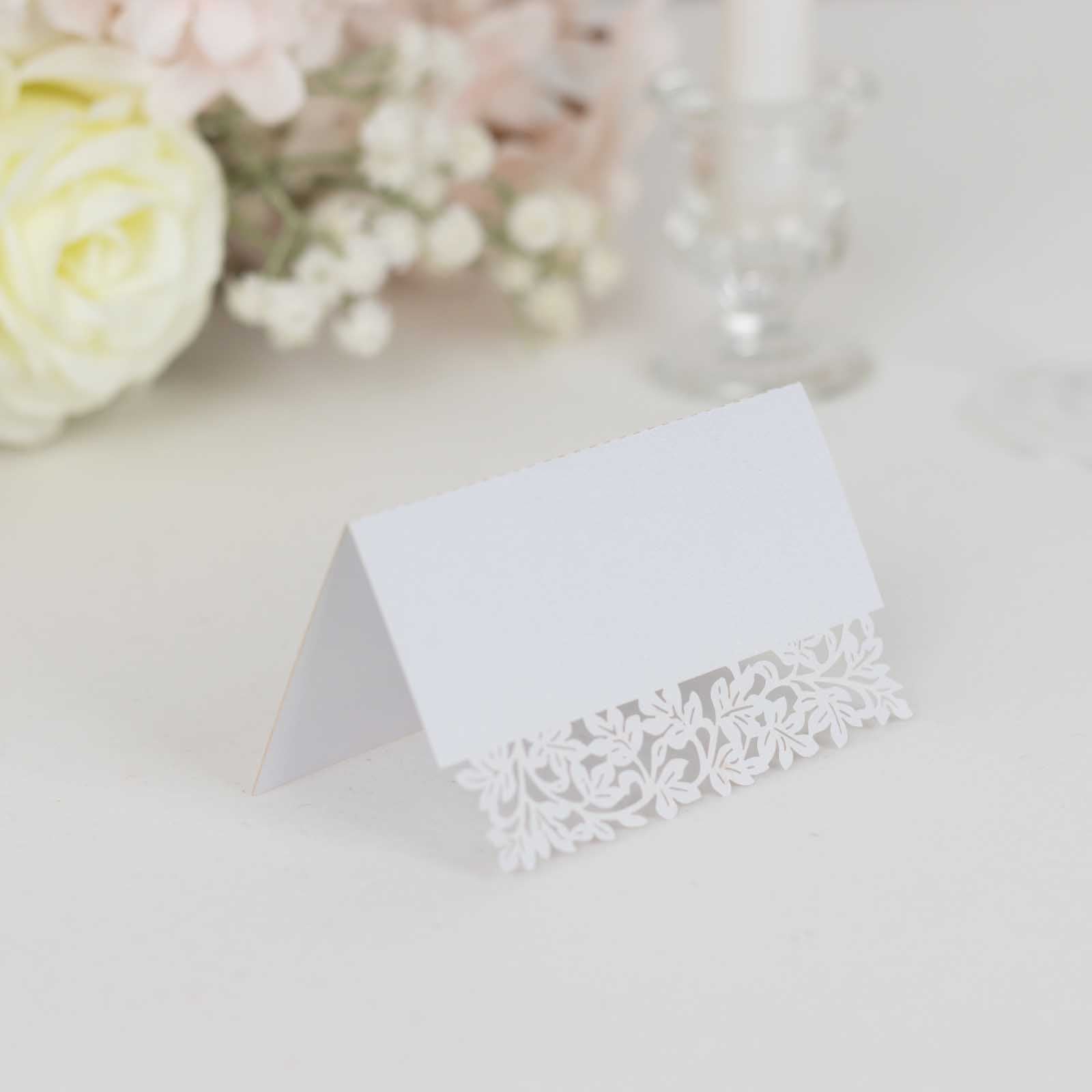 50-Pack Wedding Place Cards with Laser Cut Leaf Vine Design White - Printable Reservation Seating Tent Cards 210 GSM