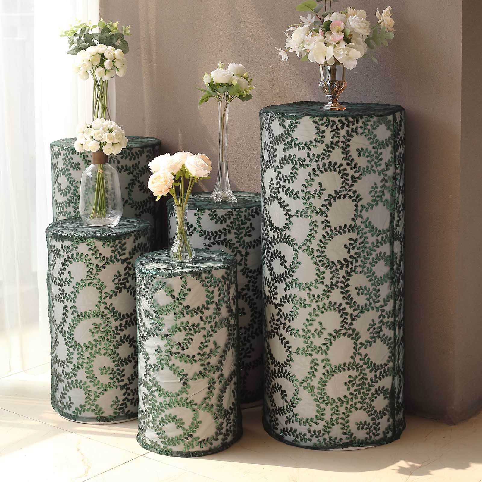 Set of 5 Hunter Emerald Green Sequin Mesh Cylinder Pedestal Stand Covers with Leaf Vine Embroidery, Sparkly Sheer Tulle Pillar Prop Covers