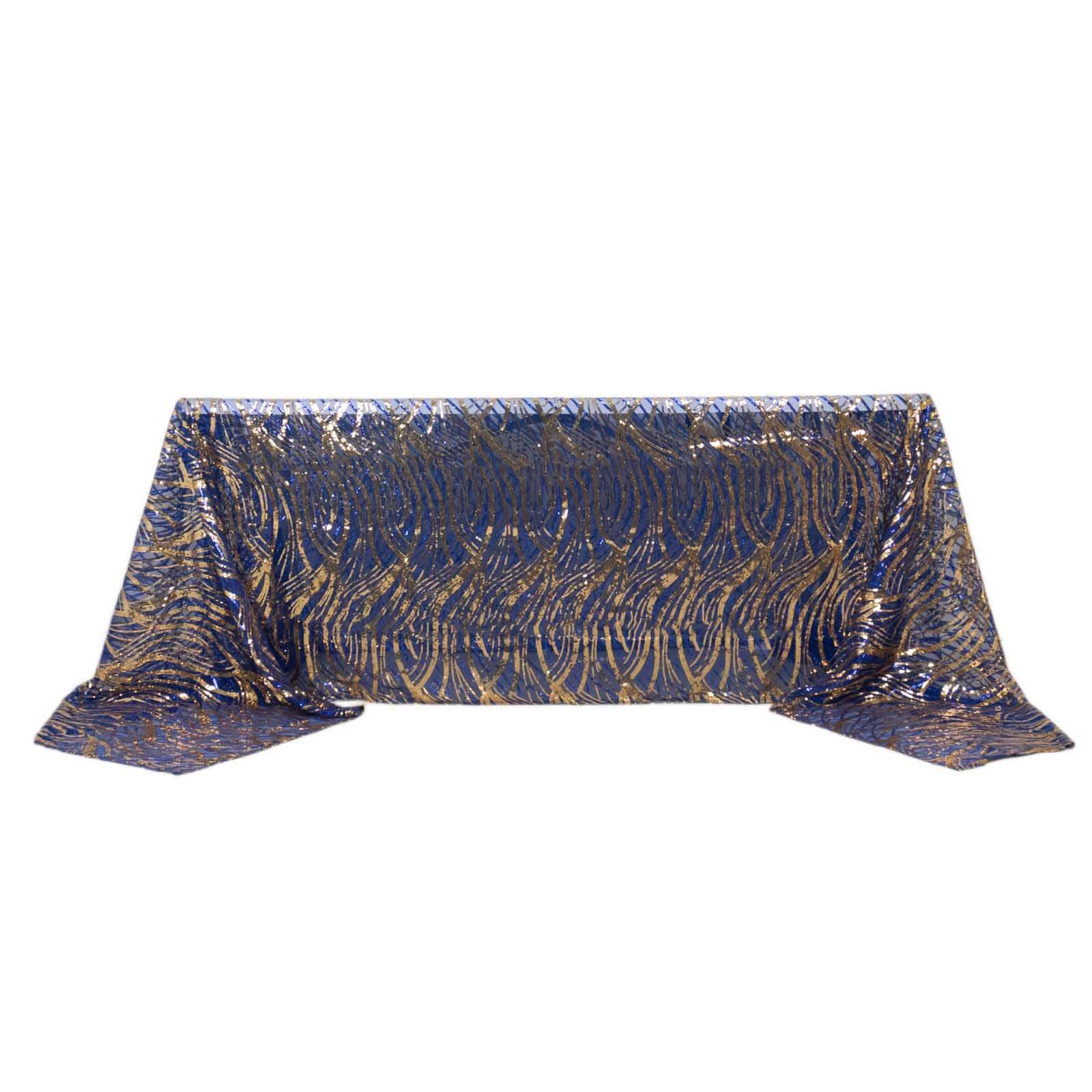 Mesh 90x156 Rectangle Tablecloth Royal Blue/Gold - Wave Sequin Embroidered Table Cover