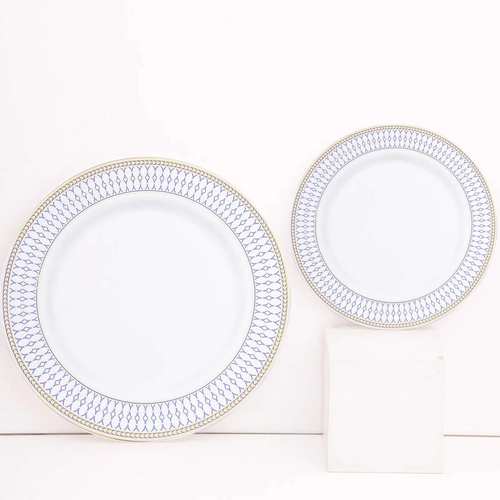 10-Pack Plastic 10 Round Dinner Plates in White with Gold Navy Blue Chord Rim - Renaissance Style Disposable Plates for Events & Banquets