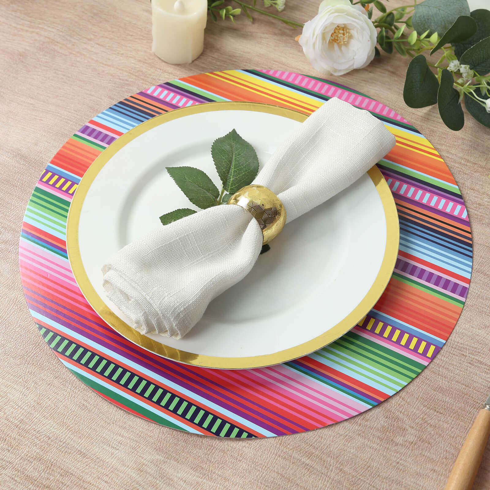 10-Pack Disposable Table Placemats with Multicolor Mexican Serape Fiesta Striped Print - 300GSM Festive Paper Placemats for Cinco de Mayo & Mexican-Themed Events 13