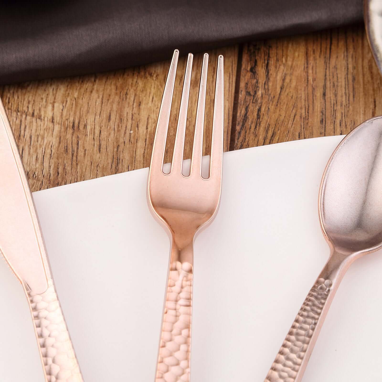 24-Pack Plastic Forks with Hammered Style Rose Gold - Heavy Duty Disposable Silverware 7