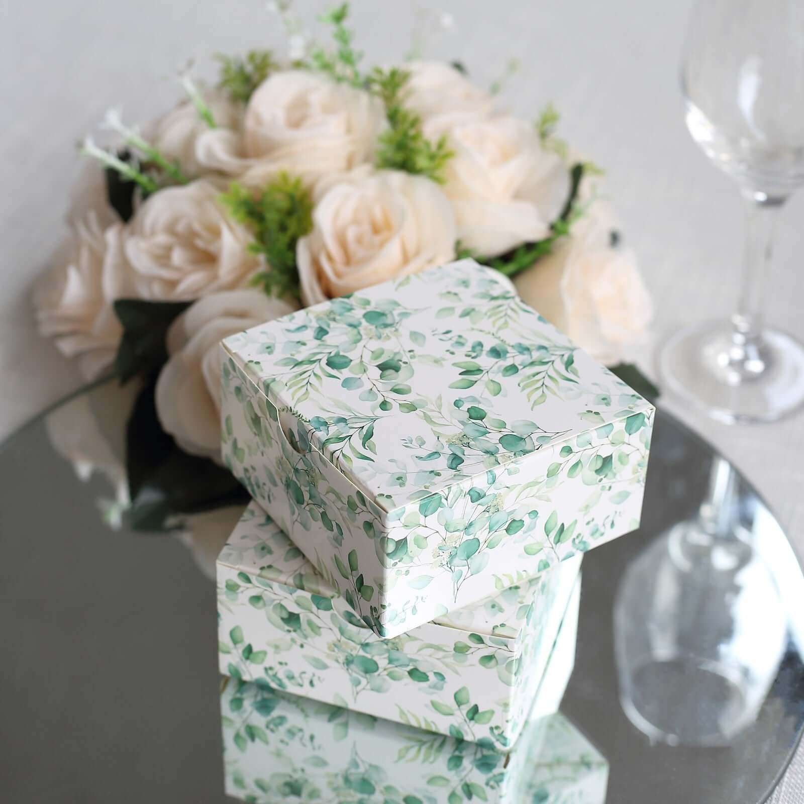 25 Pack White Green Eucalyptus Leaves Print Paper Favor Boxes, Cardstock Party Shower Candy Gift Boxes - 4x4x2