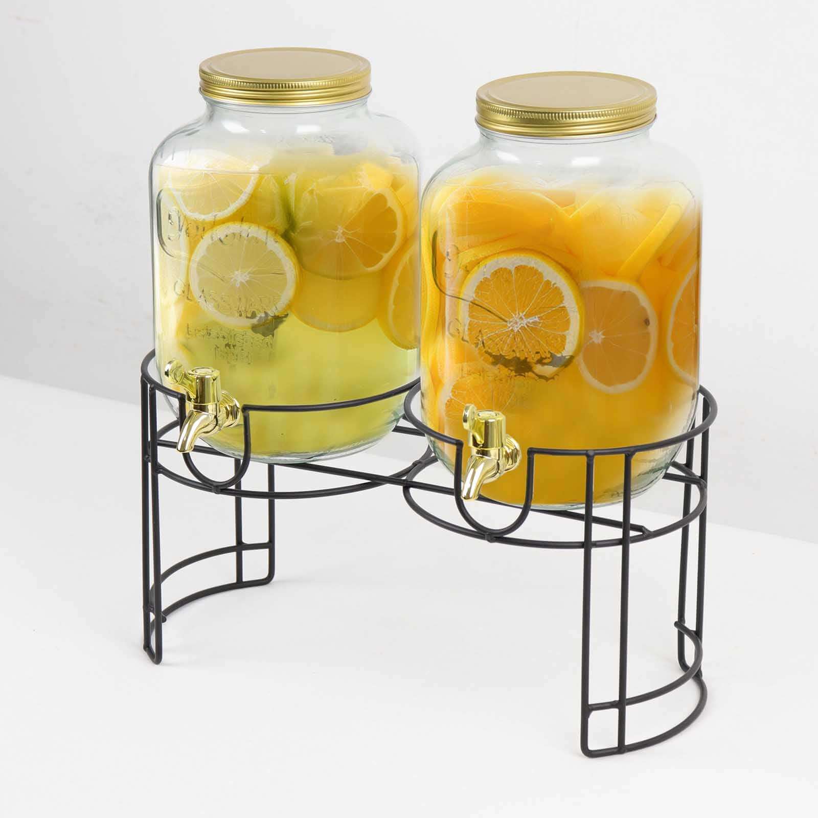 2-Pack Clear Glass Beverage Dispenser Stand, Dual Juice Jars with Gold Metal Lids and Spigot - Convenient Serving Feature 2-Gallon