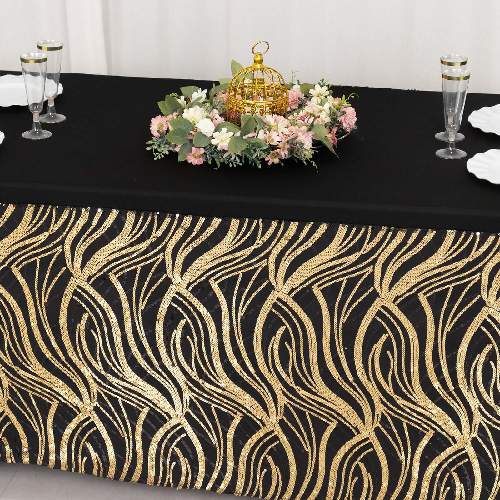 Sequin Stretch Spandex 72x30 Rectangle Tablecloth Black/Gold Wave Embroidered Design Four-Way Stretch Shimmering Table Cover for Luxe Event Decor