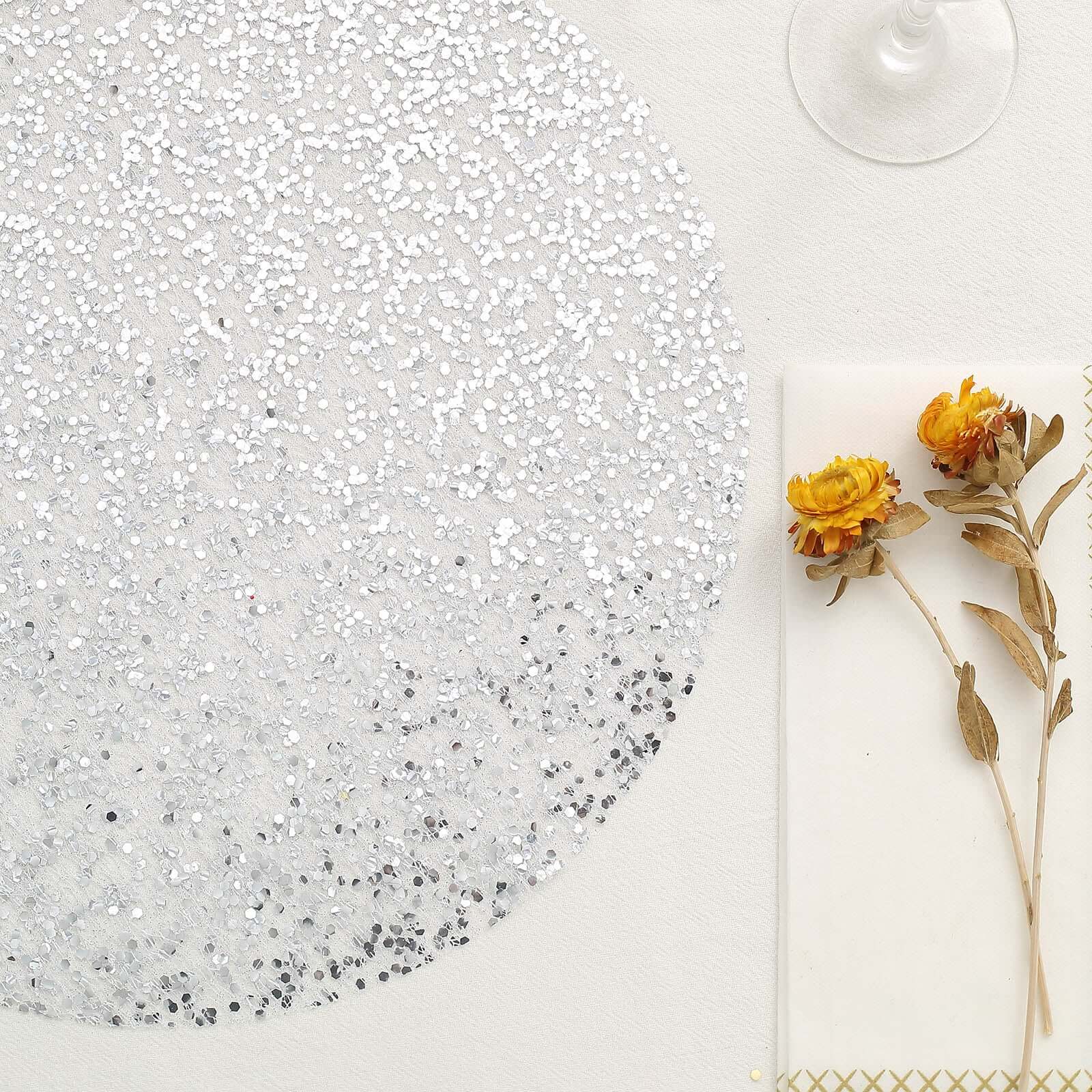 10-Pack Table Placemats Sequin Design Metallic Silver Round - Mesh Disposable Dust-Free Dining Mats 13