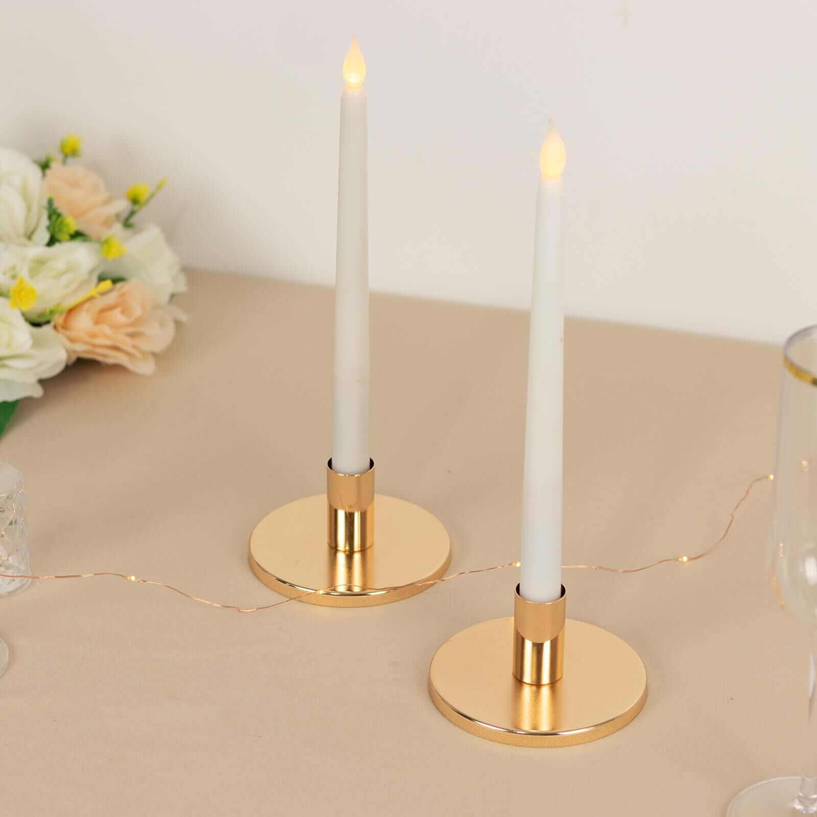 2-Pack Metal Taper Candle Holders Short Vintage Retro Style Gold with Round Disc Base - Decorative Candle Sticks 4x2