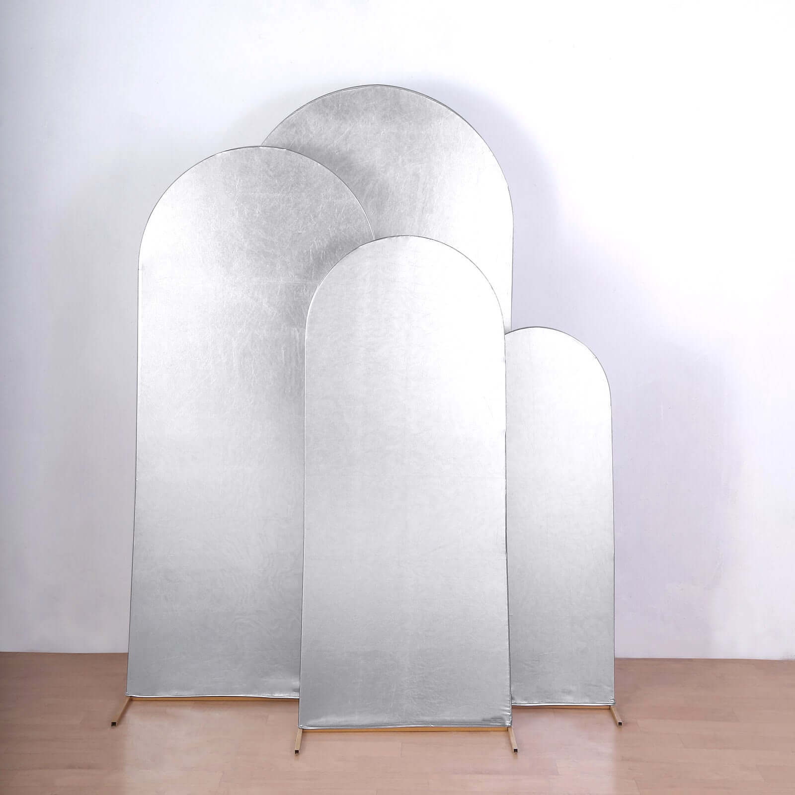 Set of 4 Silver Spandex Chiara Wedding Arch Covers With Metallic Finish, Fitted Covers For Round Top Backdrop Stands - 4ft, 5ft, 6ft, 7ft